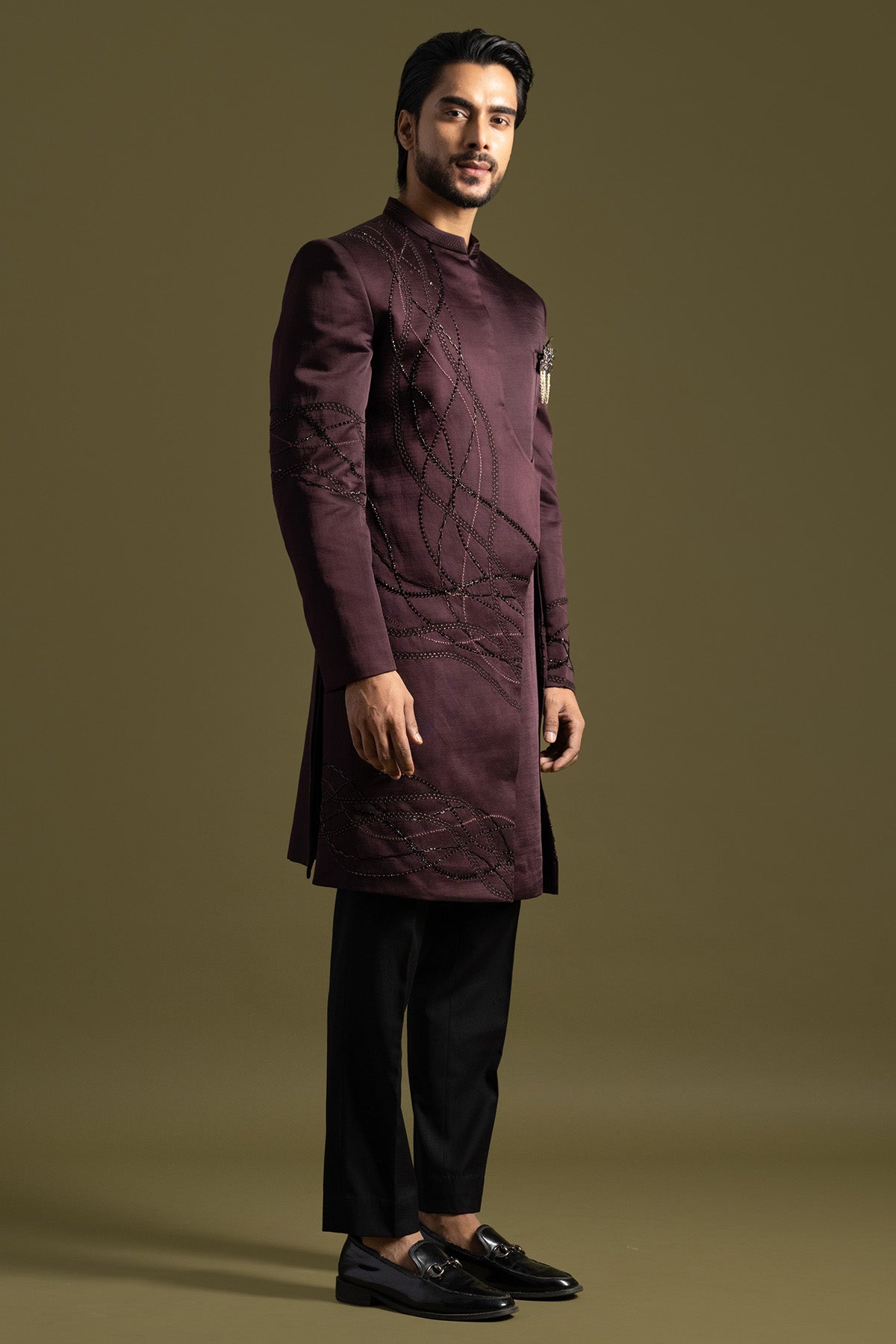 Plum Thread Cutdana Achkan Set