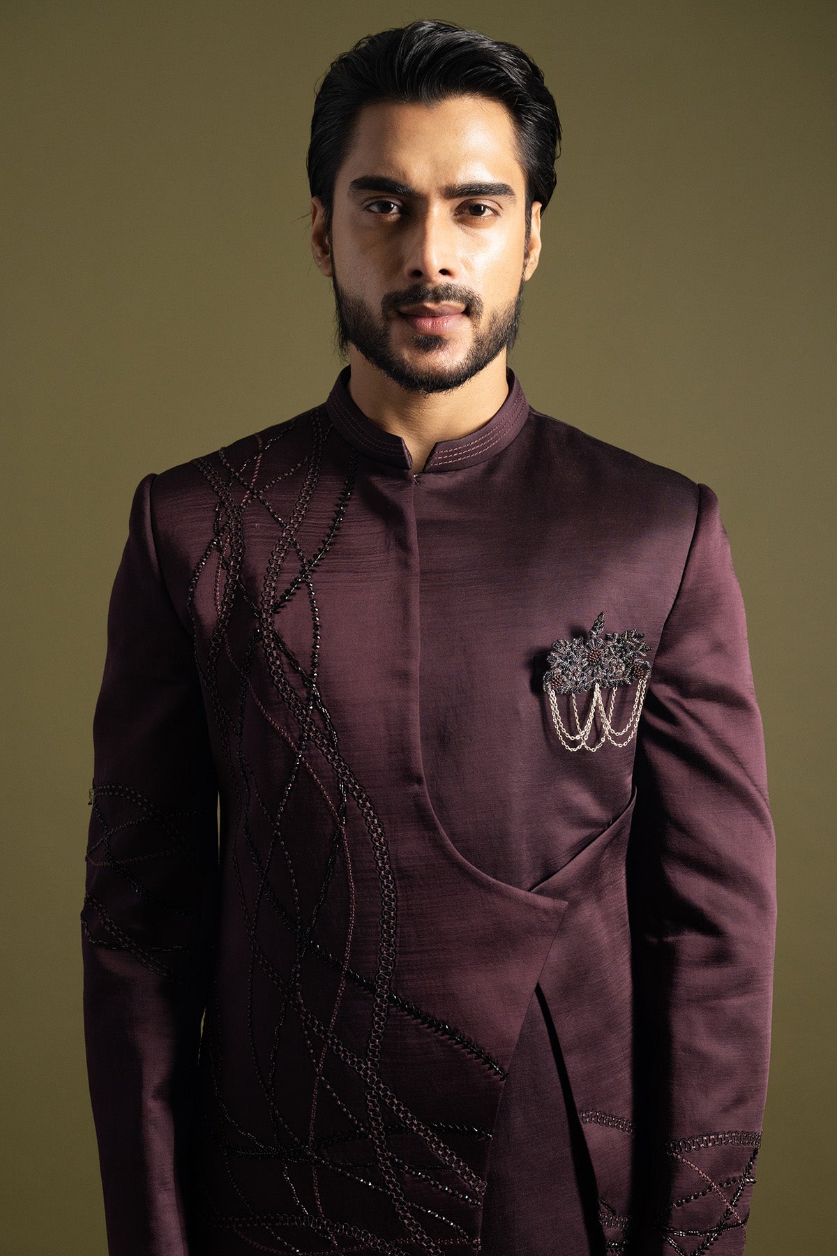 Plum Thread Cutdana Achkan Set