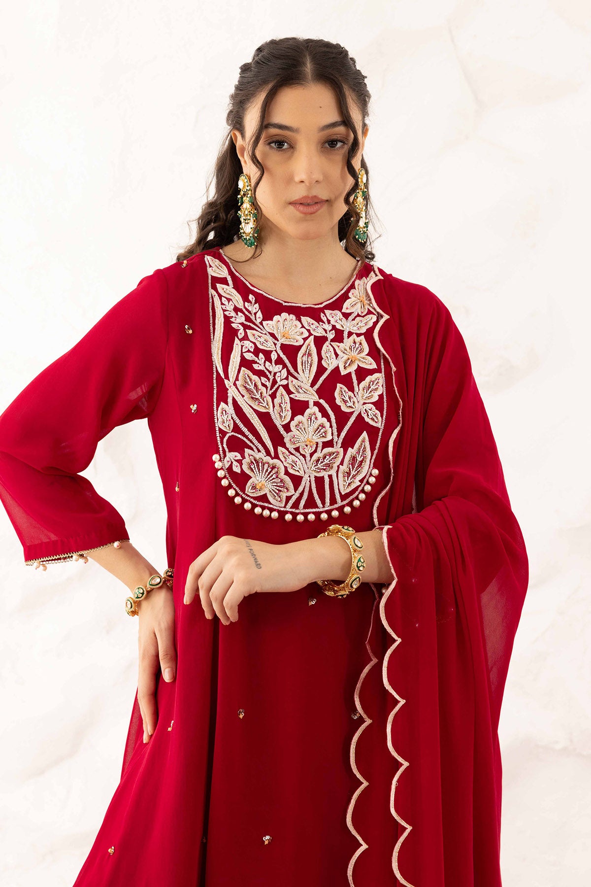 Plum Yoke Embroidered Kurta Set