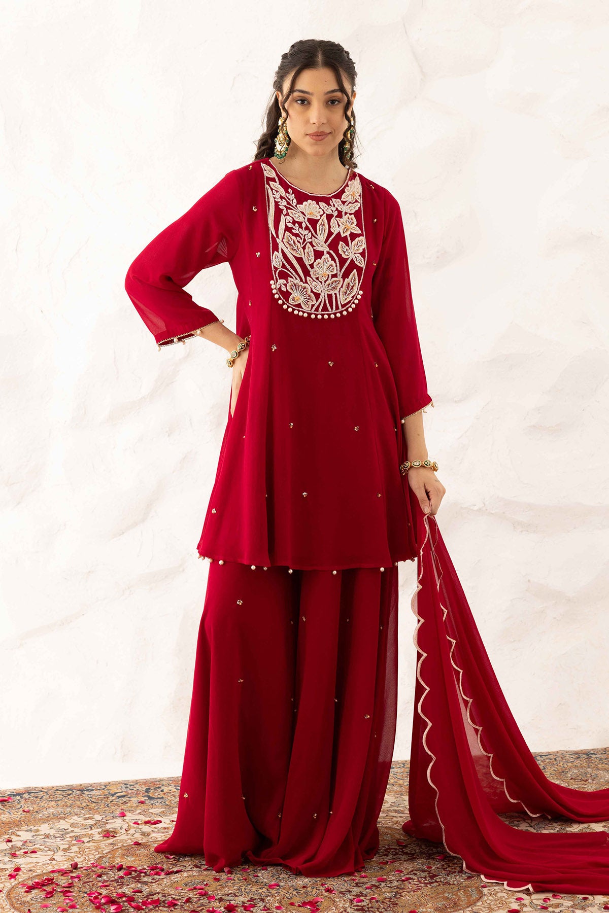 Plum Yoke Embroidered Kurta Set