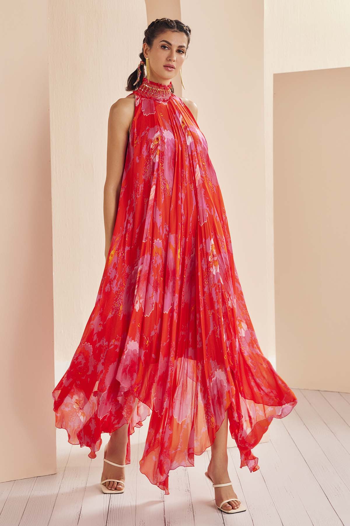 Buy Poppy Orange Floral High Low Dress by Mandira Wirk