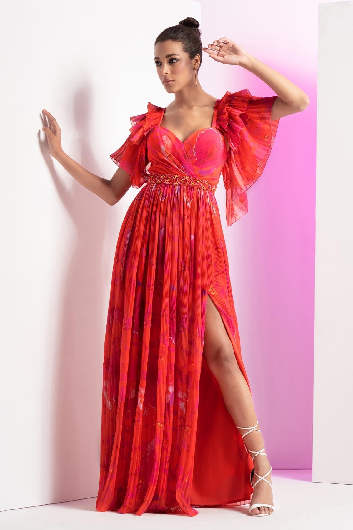 Buy Poppy Red Pleated Gown by Mandira Wirk
