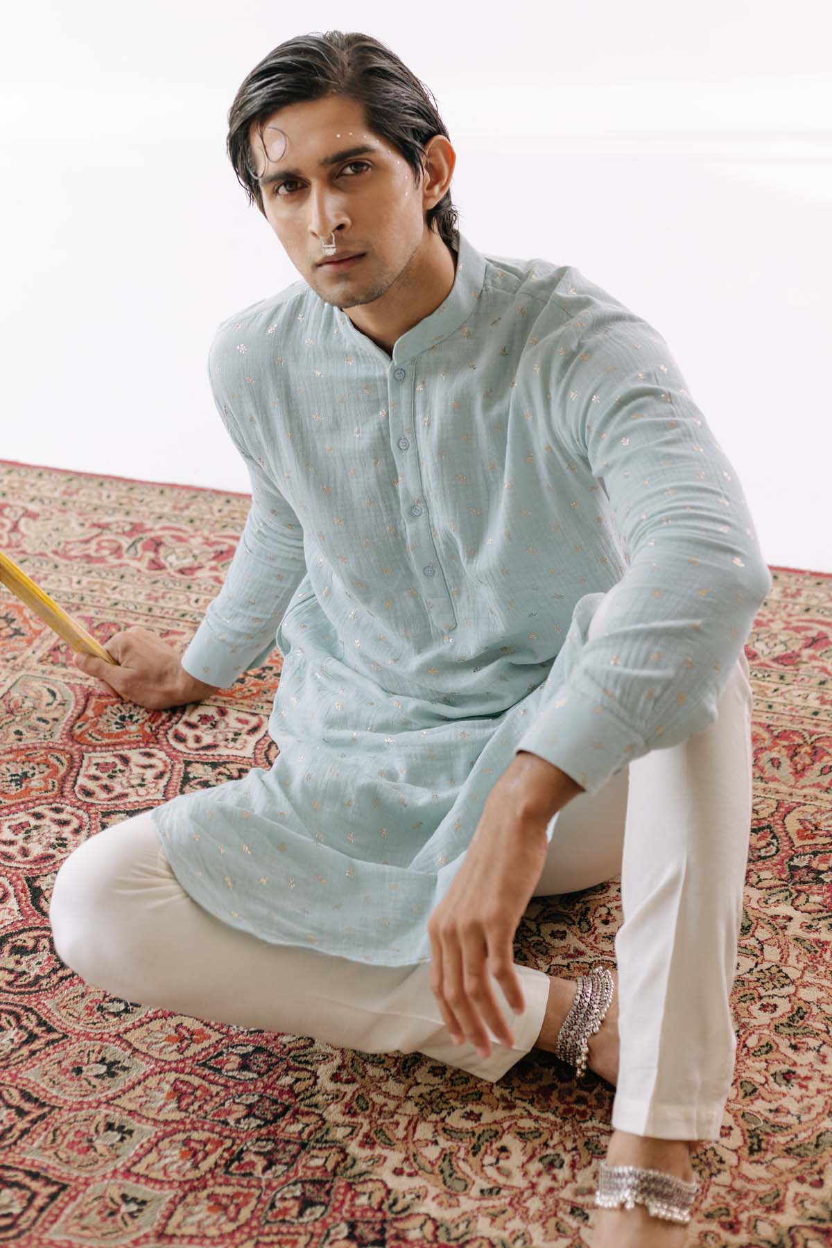 Powder Blue Foil Print Kurta Set