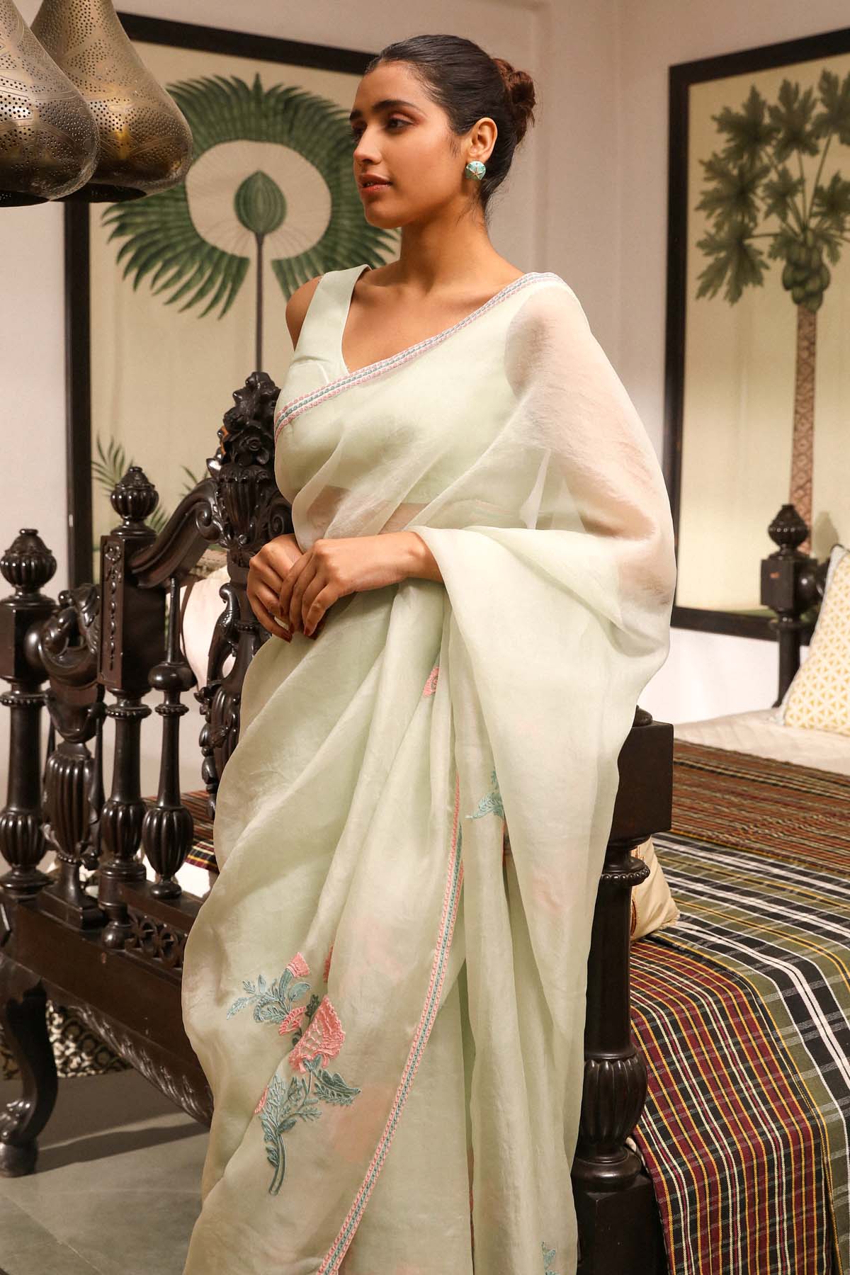 Powder Green Embroidered Saree