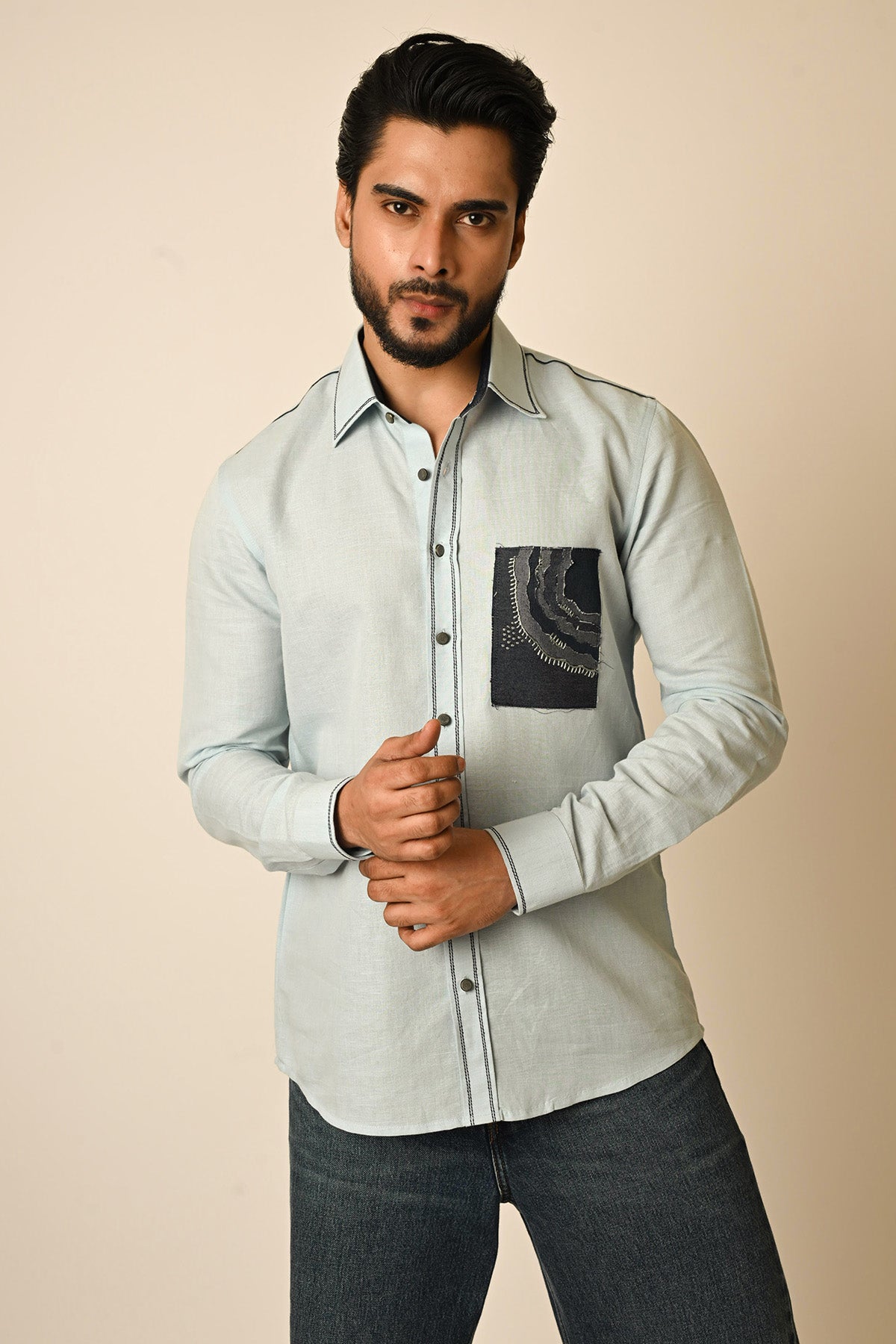 Buy Powder Blue Linen Thread Shirt for men by Paarsh Atelier online available at scrollnshops