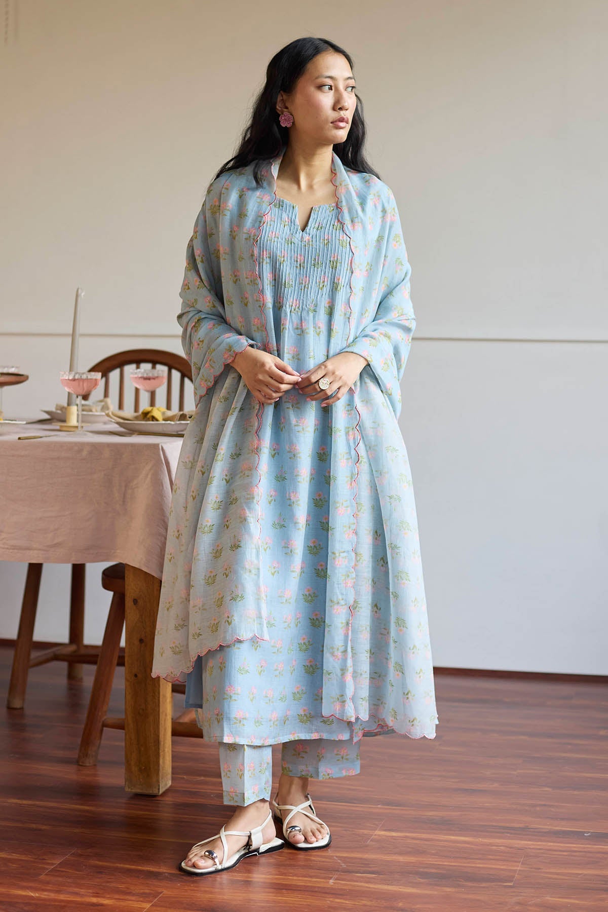 Buy Powder Blue Pintuck Kurta Set by Juanita by Shubhda for women online at ScrollnShops