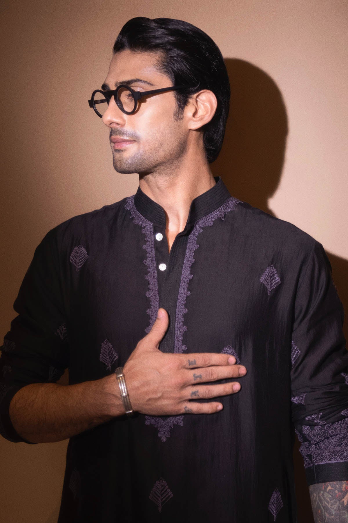 Black Chanderi Embroidered Kurta Set