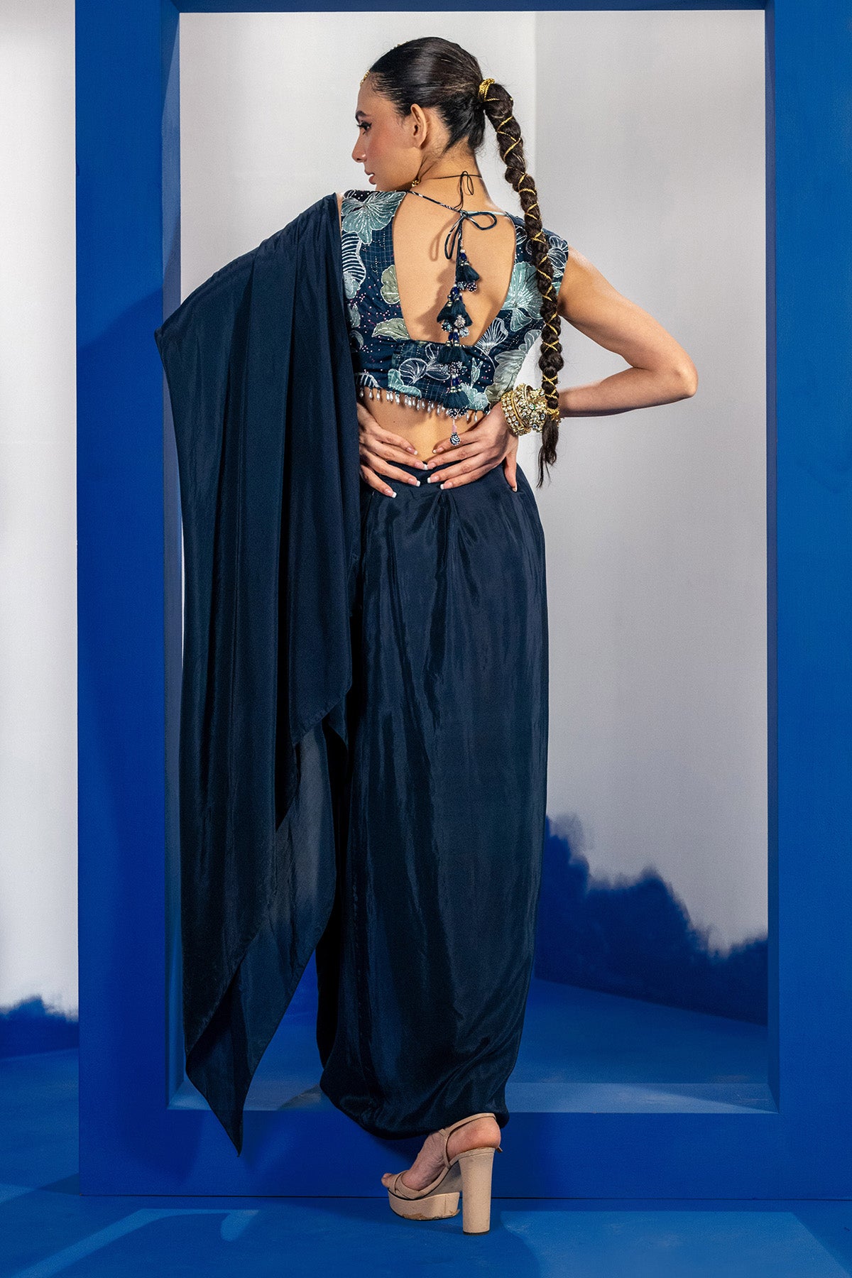 Pre-Draped Blue Saree & Blouse