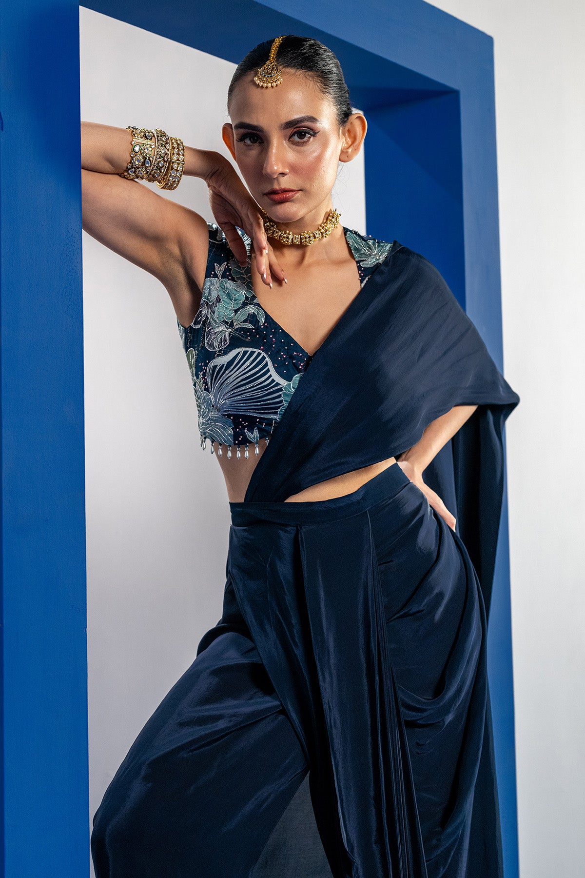 Pre-Draped Blue Saree & Blouse