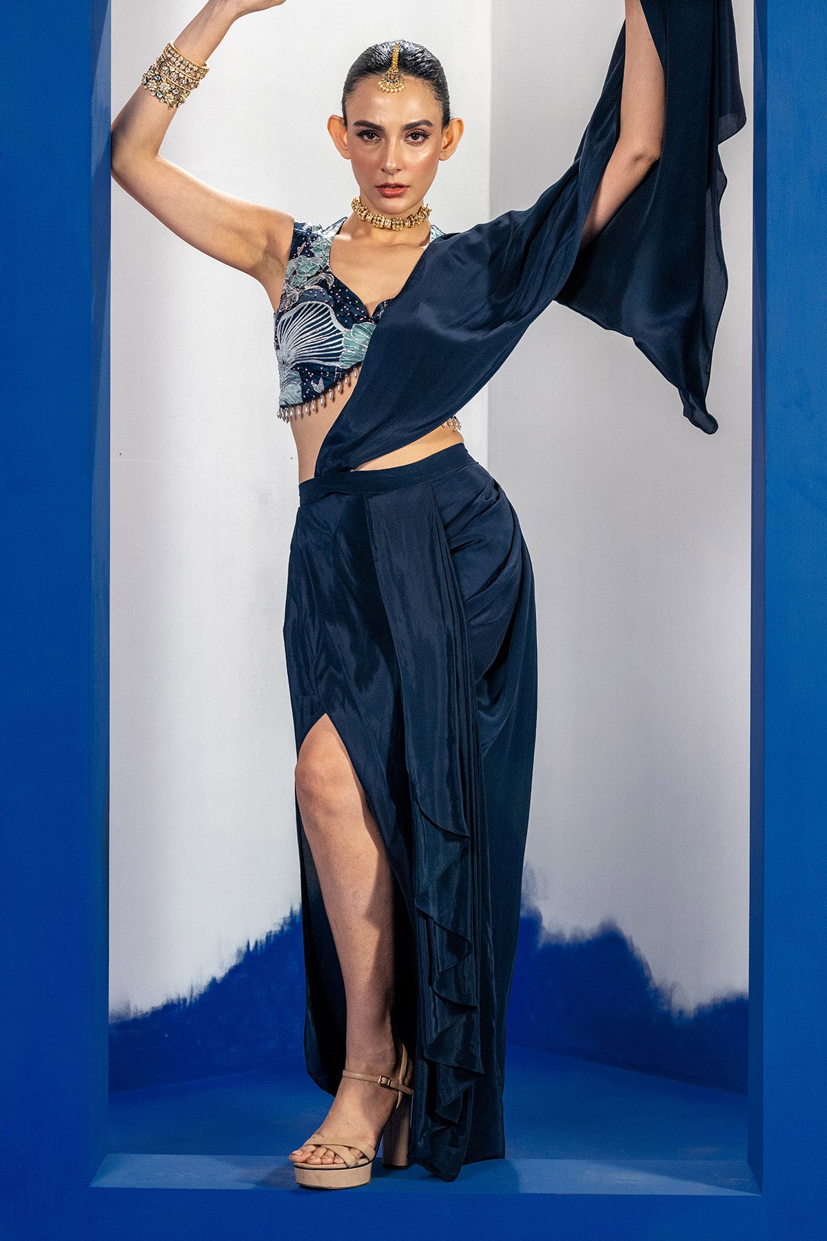 Pre-Draped Blue Saree & Blouse