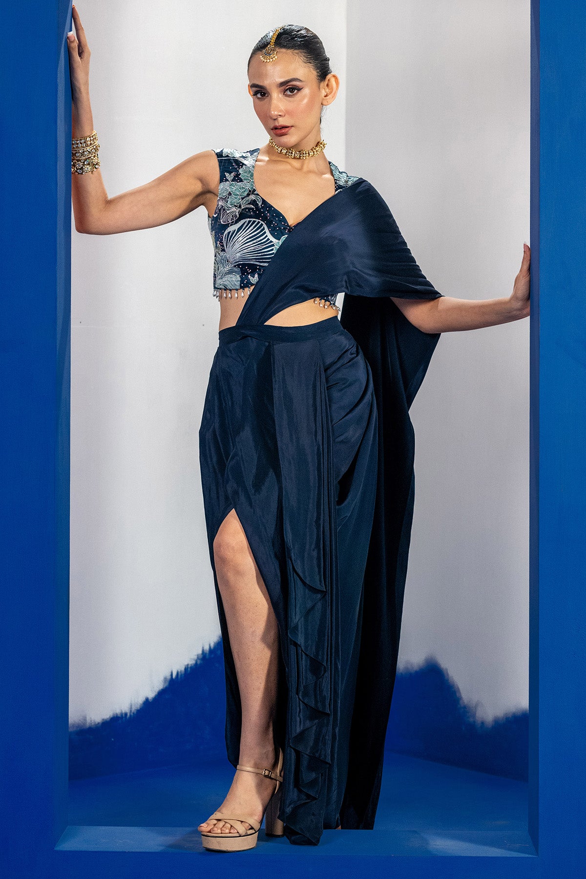 Buy Pre-Draped Blue Saree & Blouse by Shristi Chetani for women online at ScrollnShops