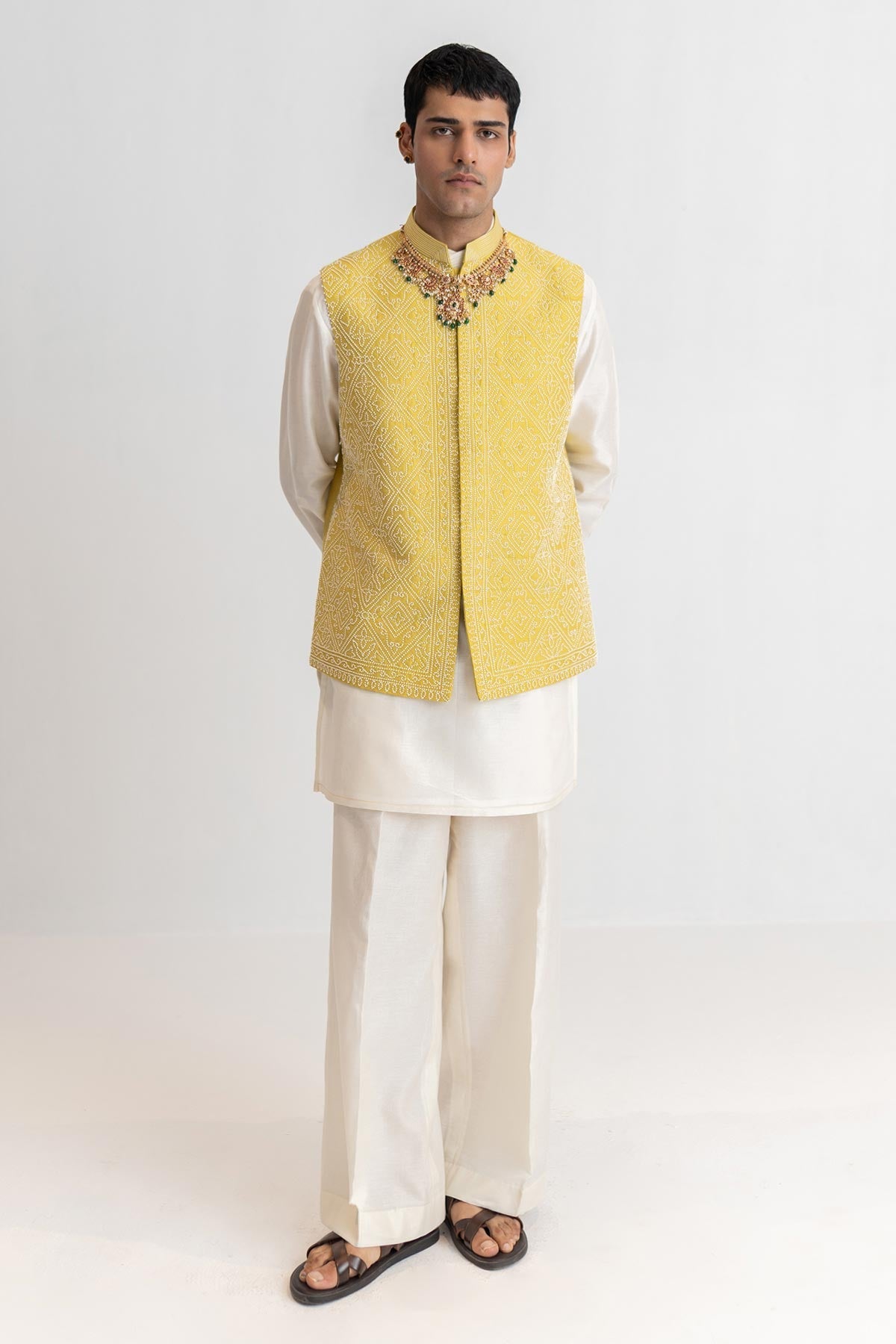Buy Primerose Yellow Silk Bundi Set for men by Ajiesh Oberoi online available at scrollnshops