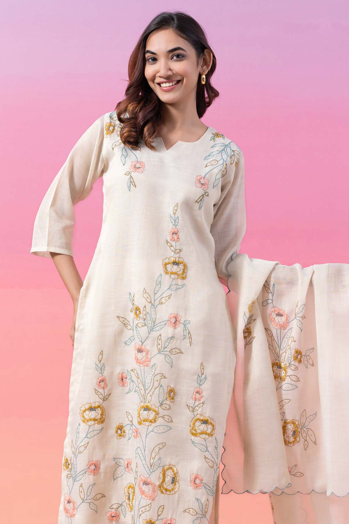 Print & Thread Beaded Kurta Set