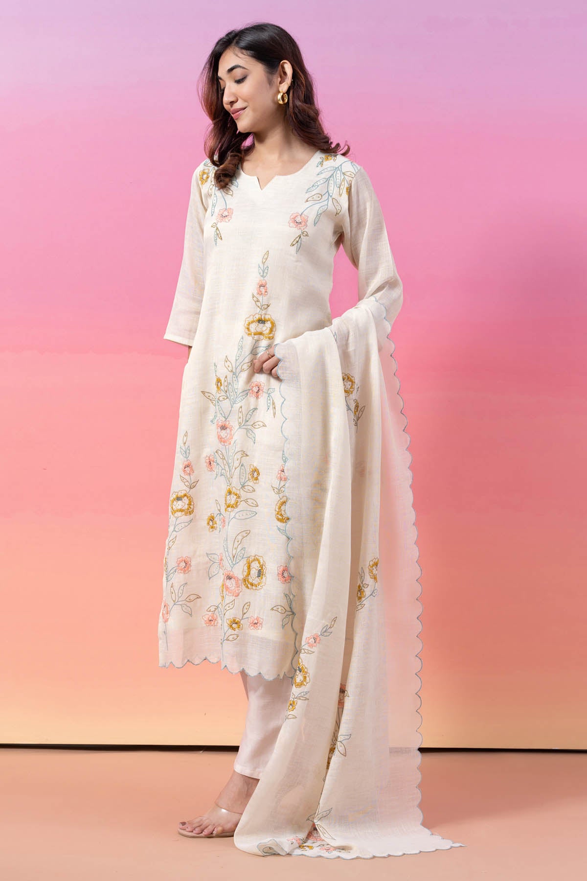 Print & Thread Beaded Kurta Set