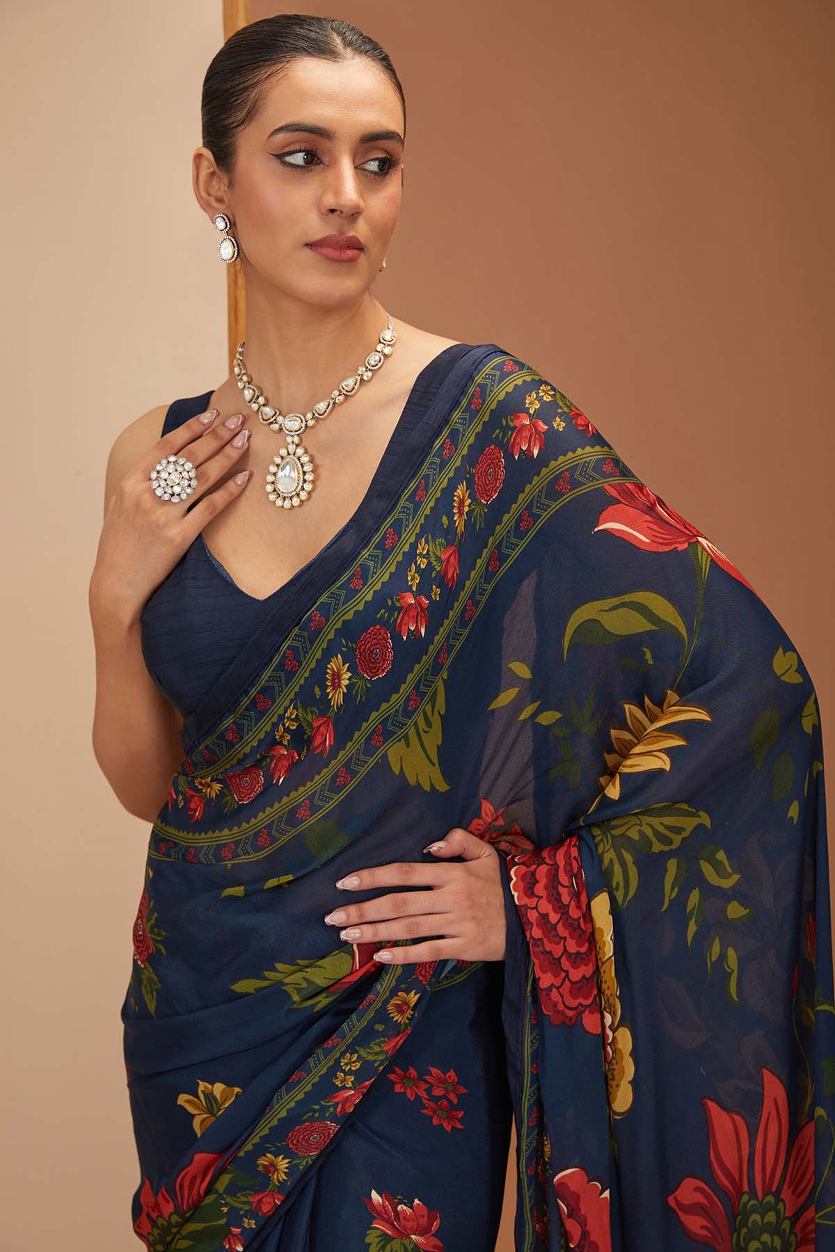 Printed Blue Saree & Blouse