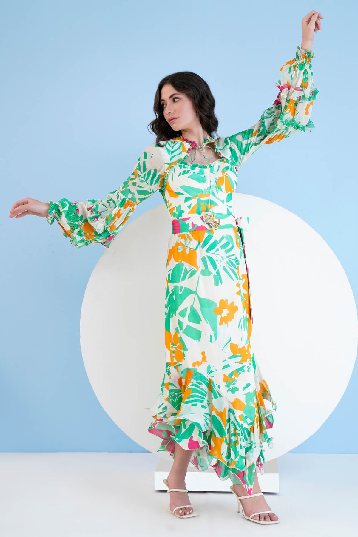 Printed High Low Frill Dress