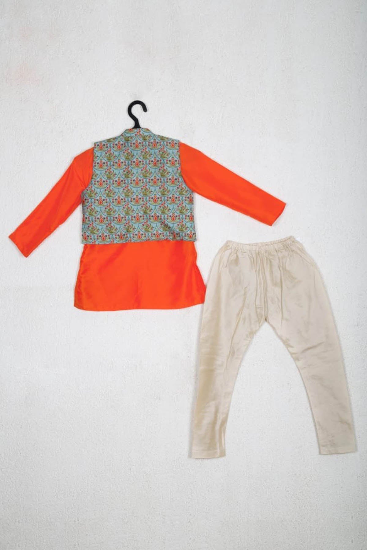 Orange Kurta & Printed Jacket Set