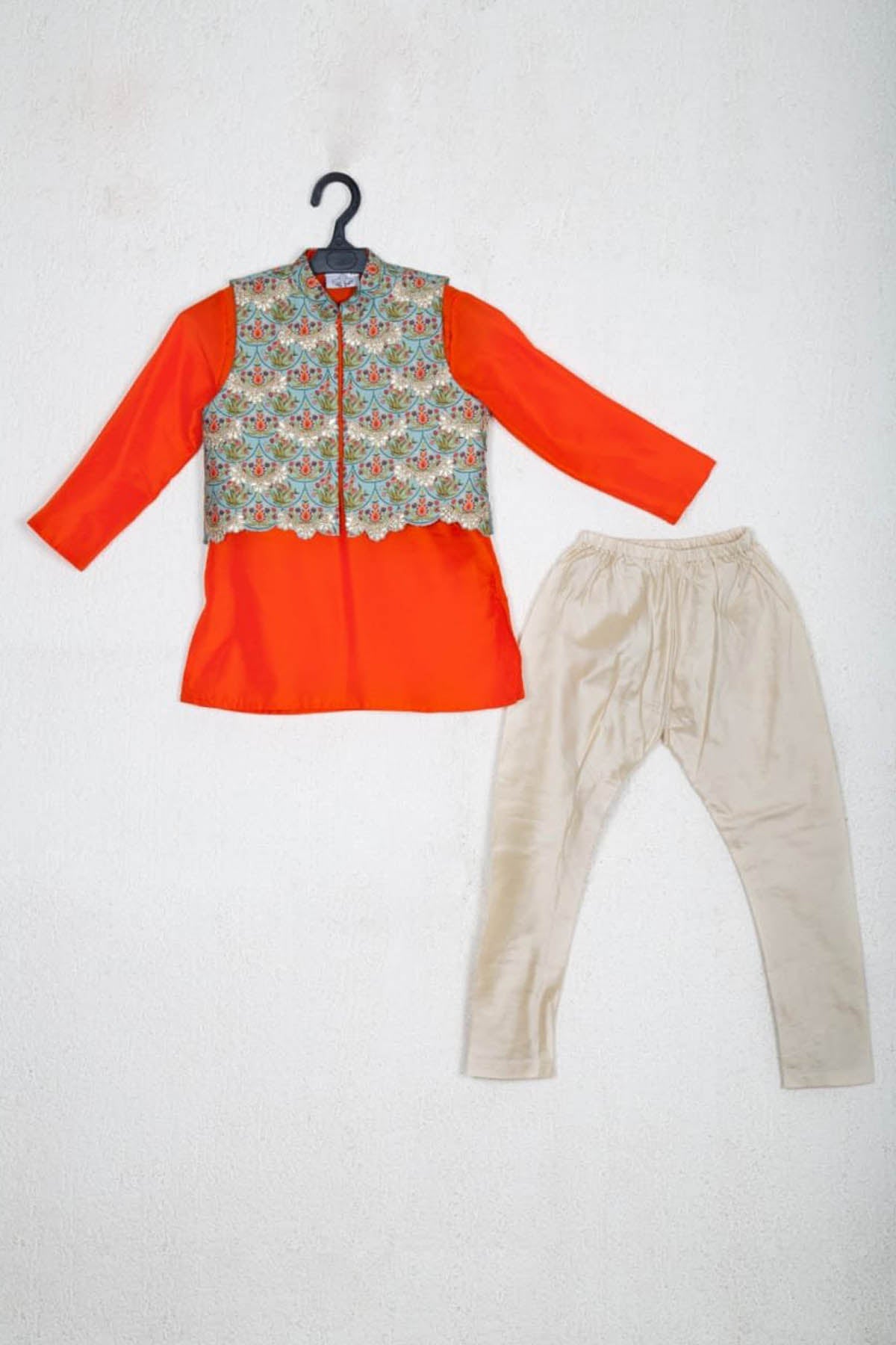 Orange Kurta & Printed Jacket Set