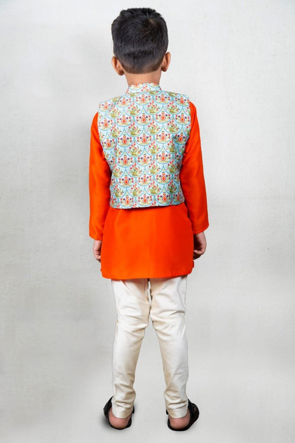 Orange Kurta & Printed Jacket Set