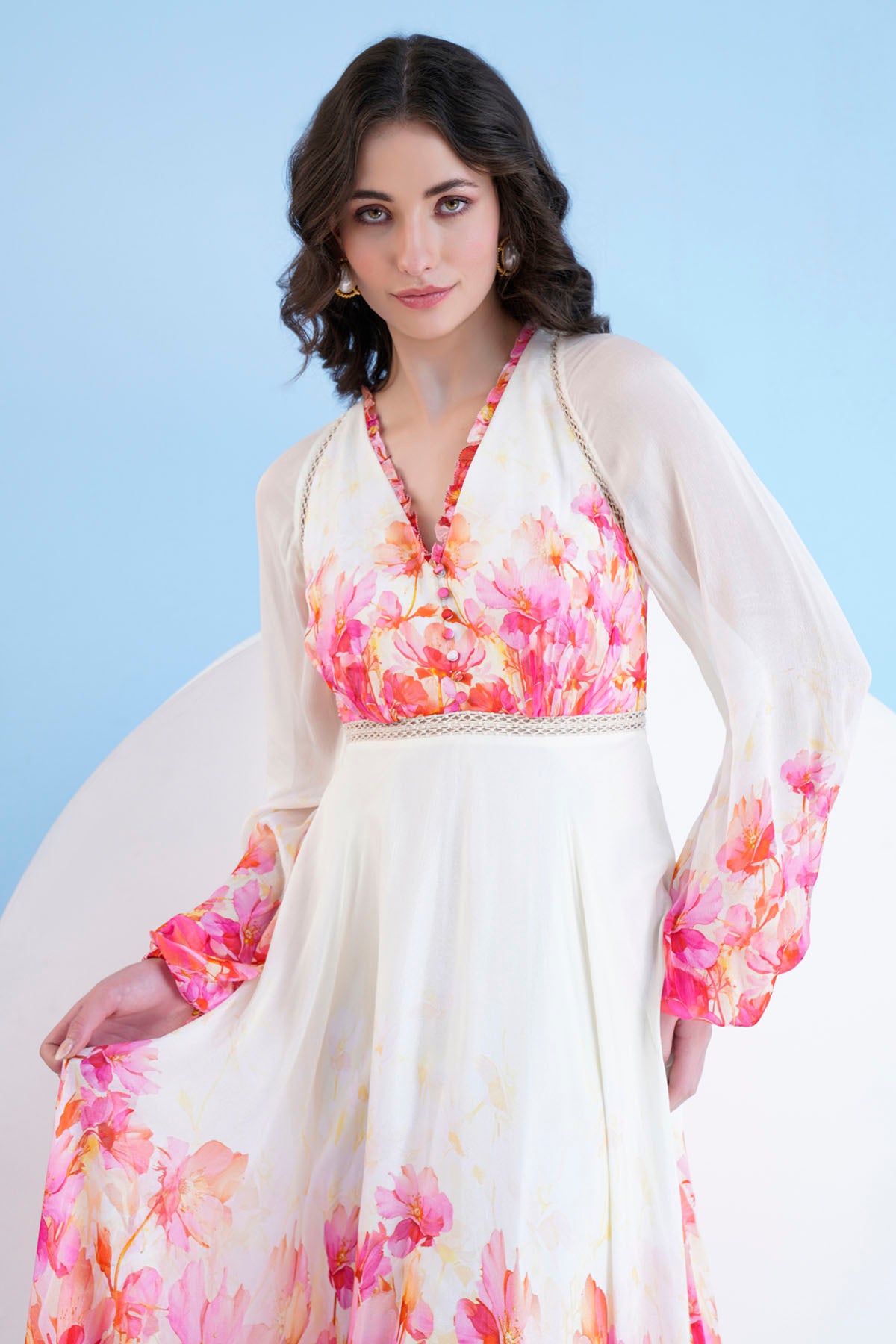 Printed V-Neck Long Red Dress