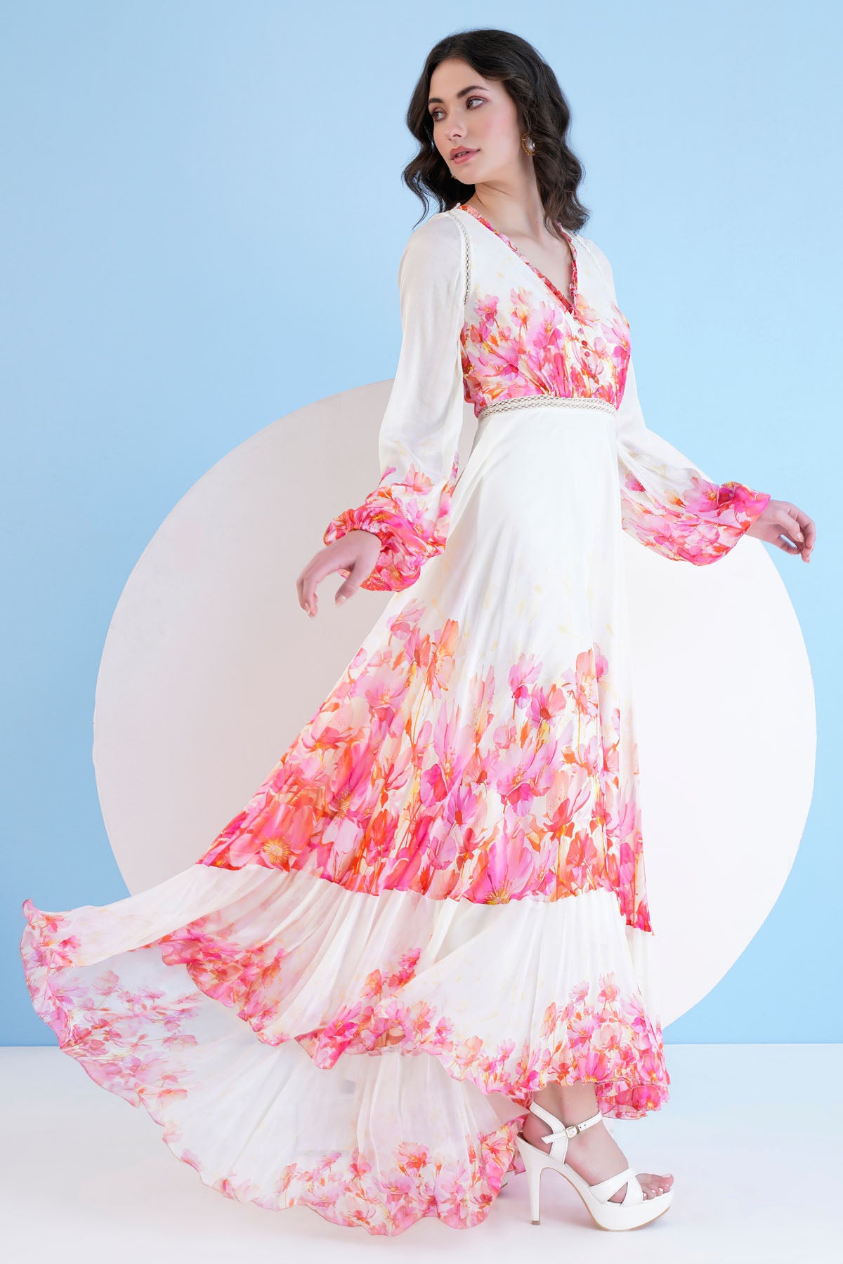 Printed V-Neck Long Red Dress