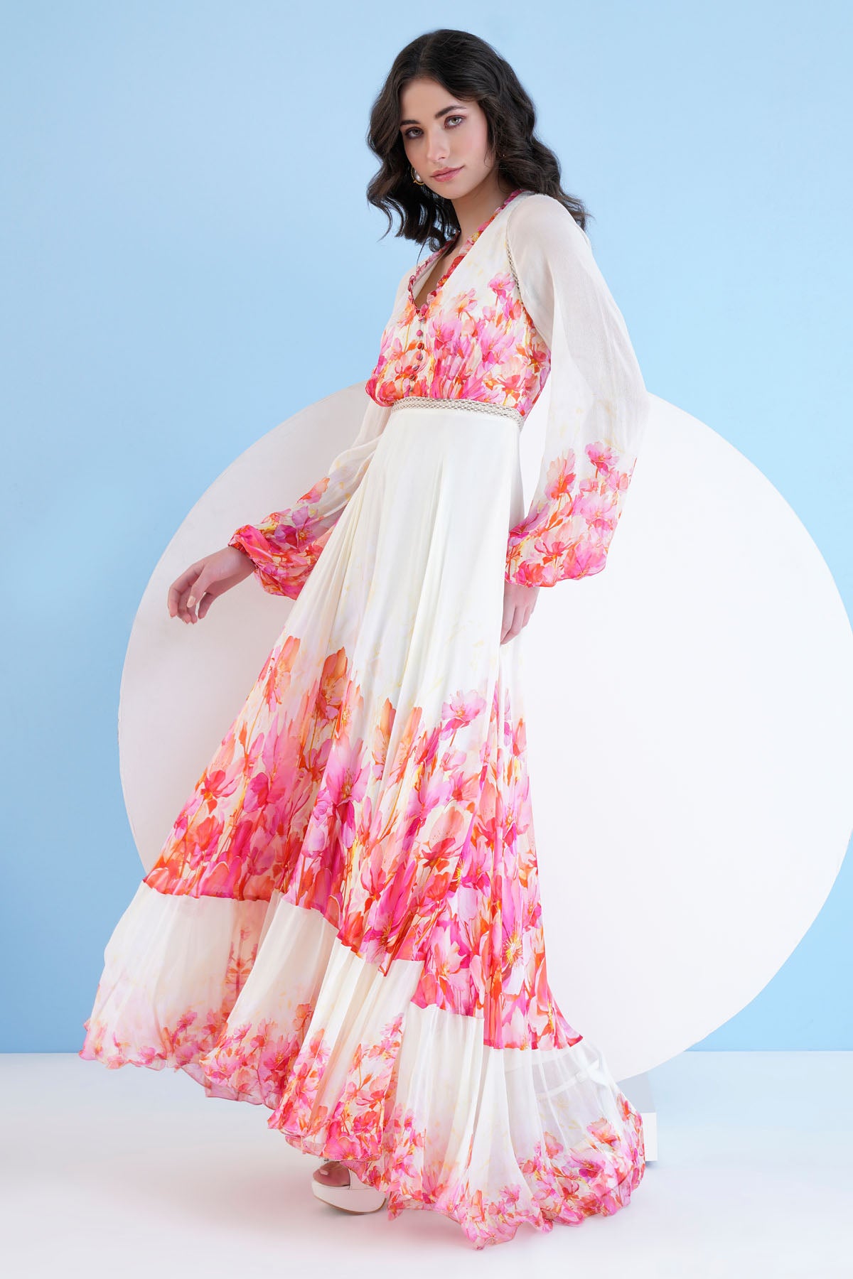 Printed V-Neck Long Red Dress