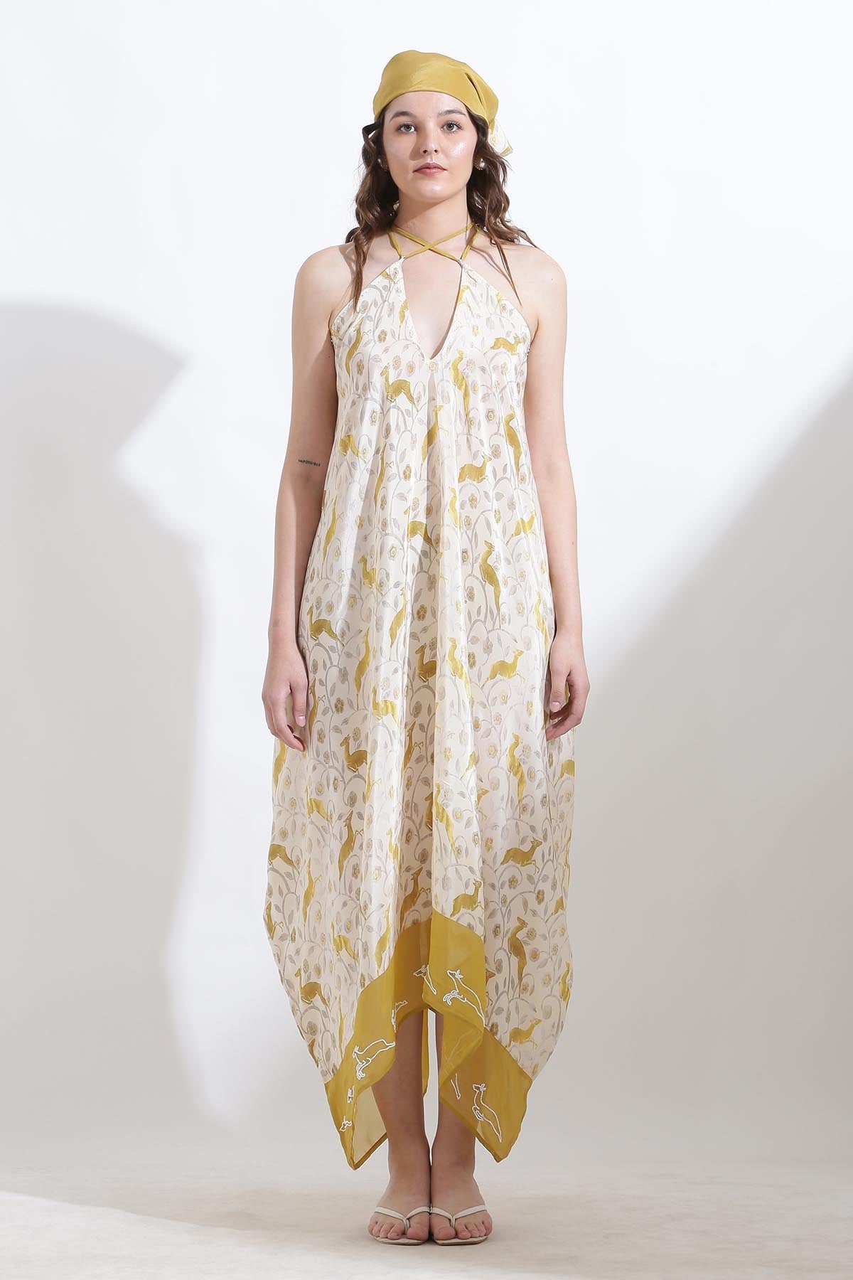 Designer Kusmi Luxury Yellow Printed Asymmetric Crepe Dress - Sunny Chic For Women at ScrollnShops
