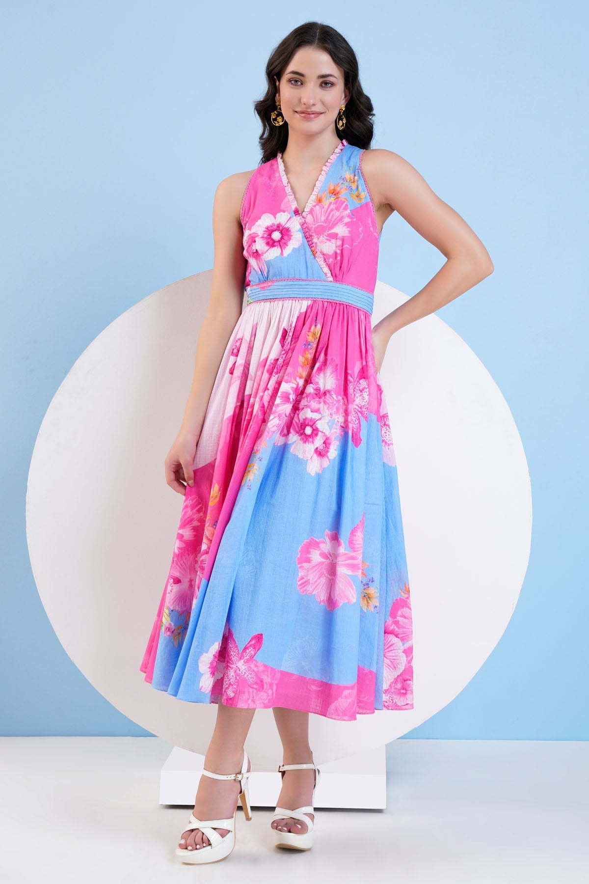 Buy Mandira Wirk Country Chic: Pink & Blue Gingham Dress with Frills For Women at ScrollnShops
