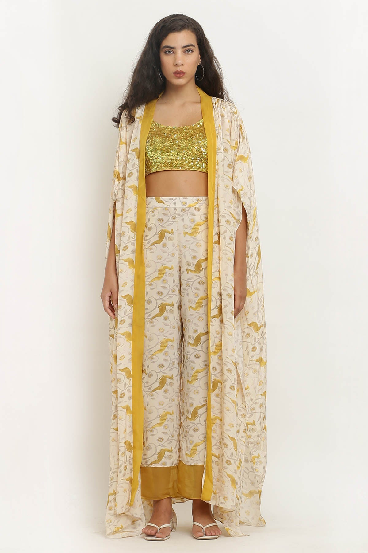 Designer Kusmi Mesmerizing Fusion: Cream, Yellow & Beige Cape Set For Women at ScrollnShops