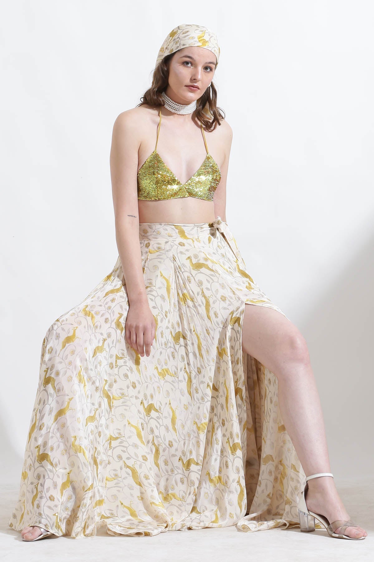 Designer Kusmi Yellow, Cream & Beige Crepe: Wallaby Print Skirt For Women at ScrollnShops
