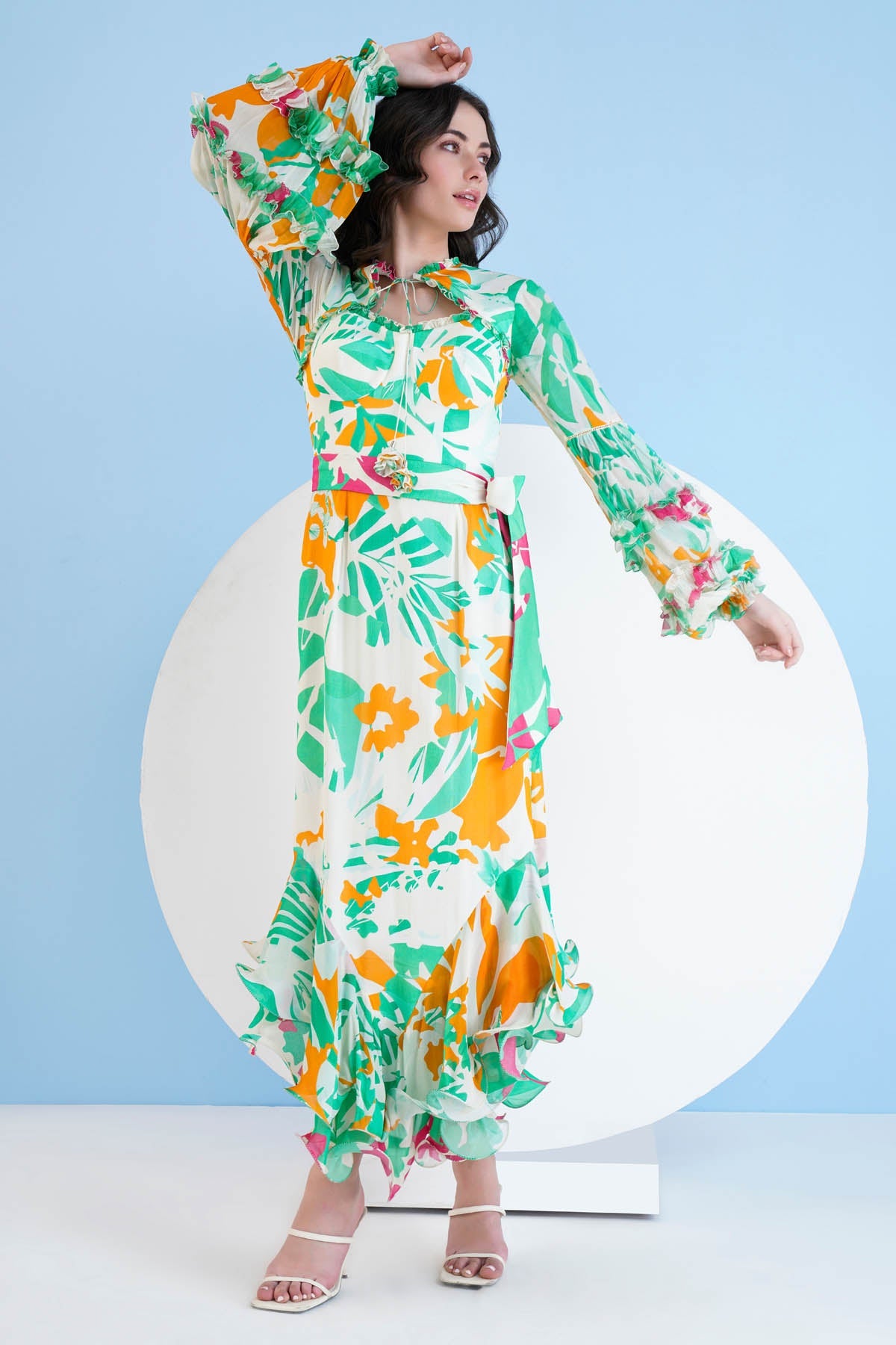 Buy Printed High Low Frill Dress by Mandira Wirk