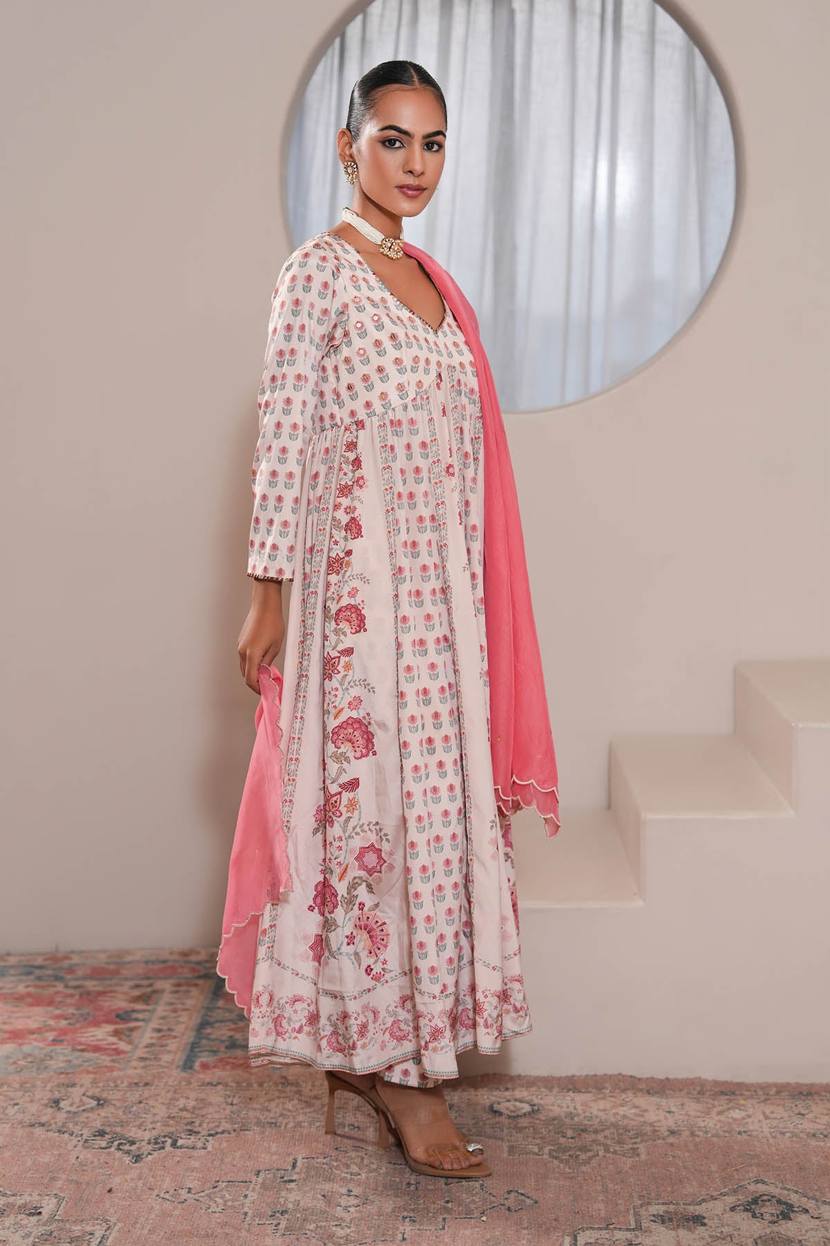 Printed Off-White Anarkali Set