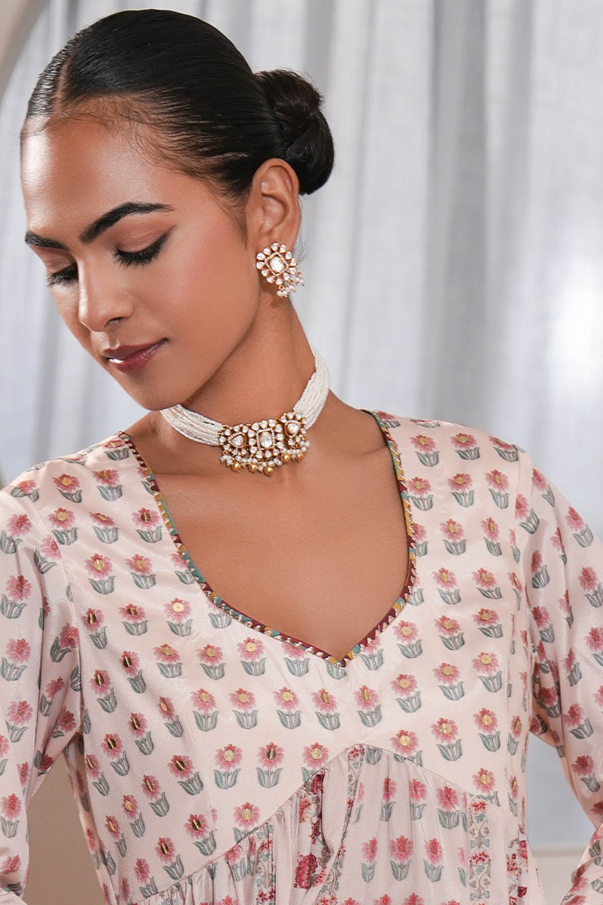 Printed Off-White Anarkali Set