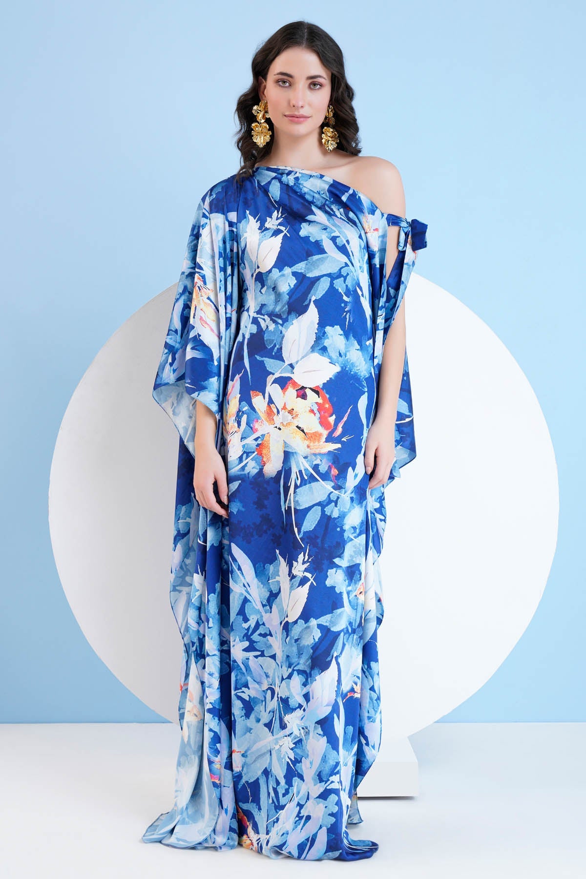 Buy Blue Print One Shoulder Kaftan by Mandira Wirk