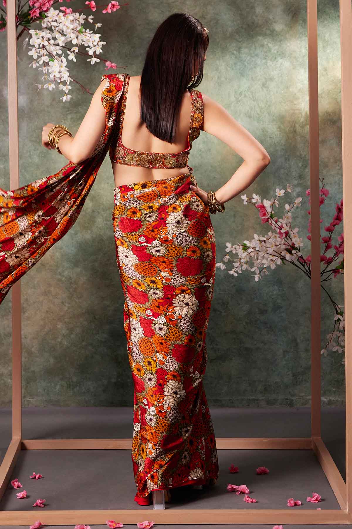 Printed Orange Pre-Draped Saree
