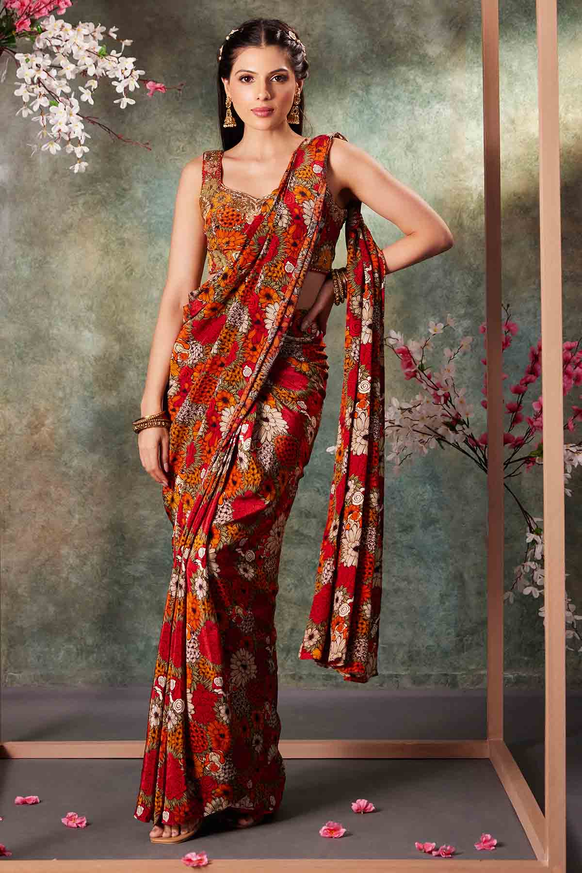 Buy Printed Orange Pre-Draped Saree by Mehak Murpana for women online at ScrollnShops