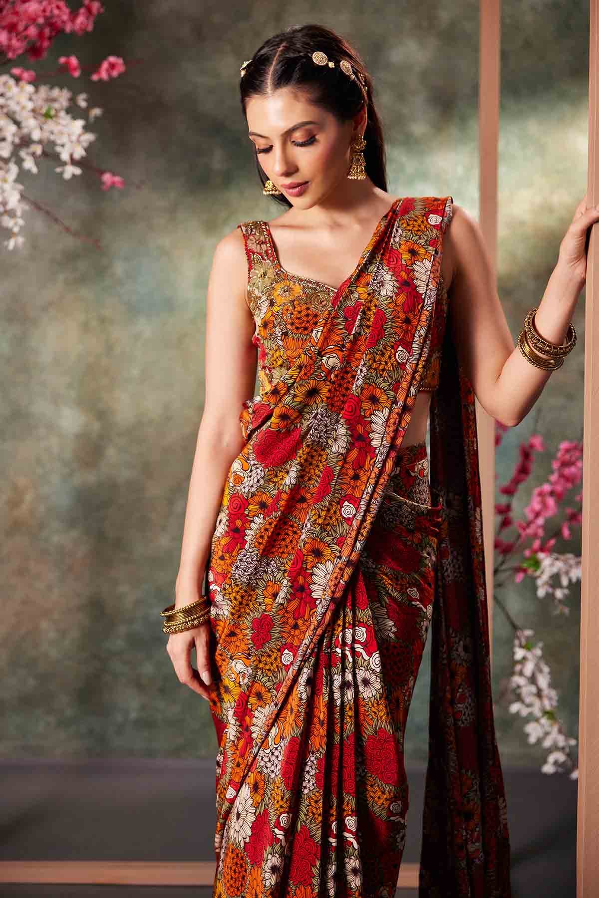 Printed Orange Pre-Draped Saree