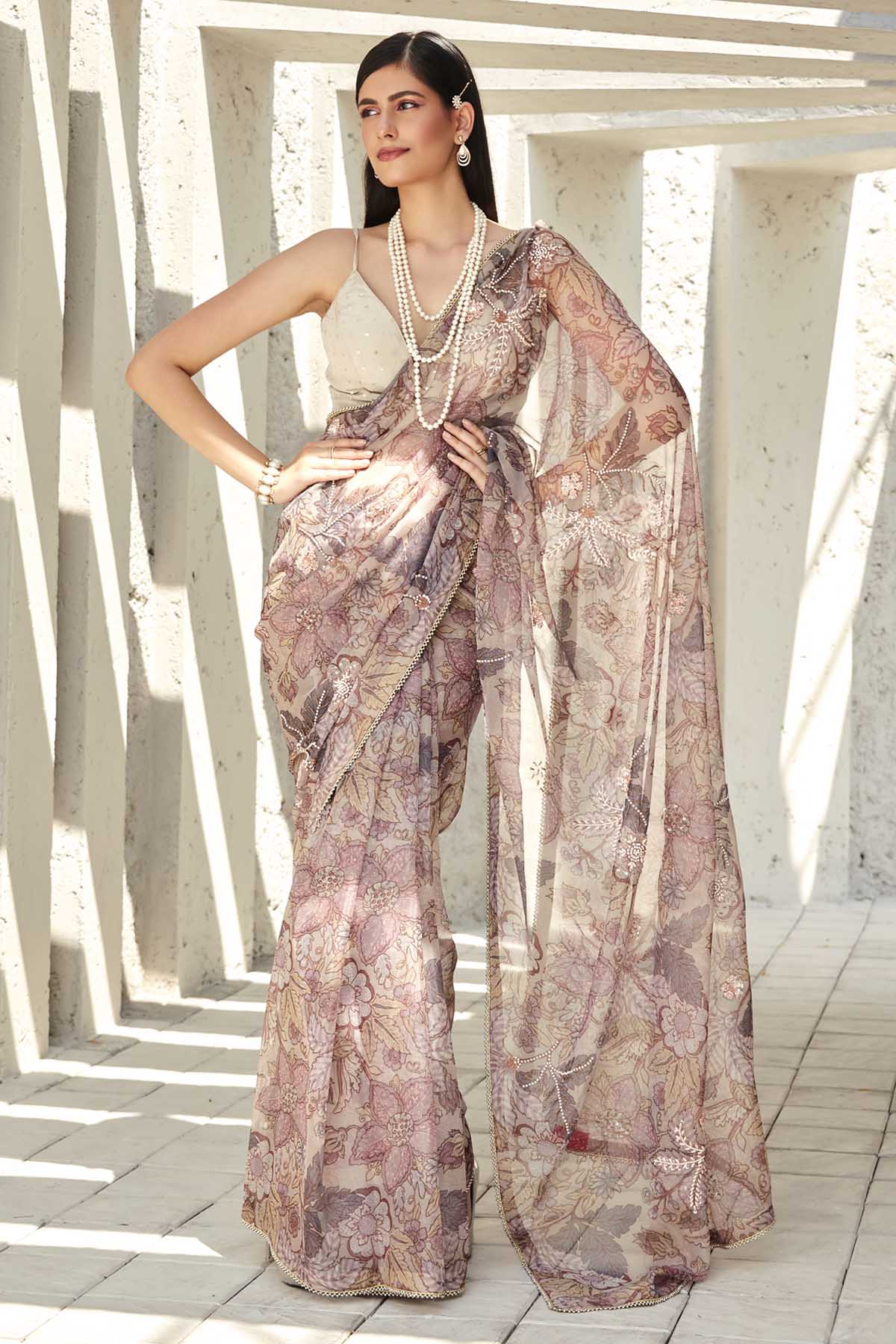 Designer Ranian Light fawn printed organza saree with cutdana, pipe, stone and sequins embroidery with a strap corset blouse For women Online at ScrollnShops