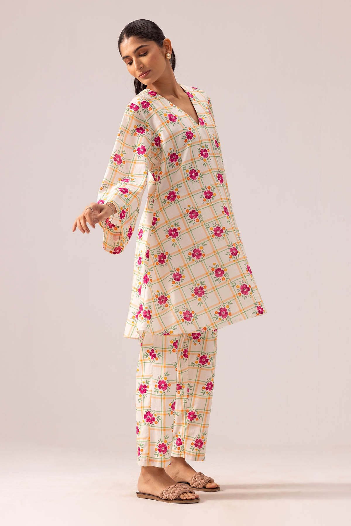 Printed V-Neck Cotton Kurta Set