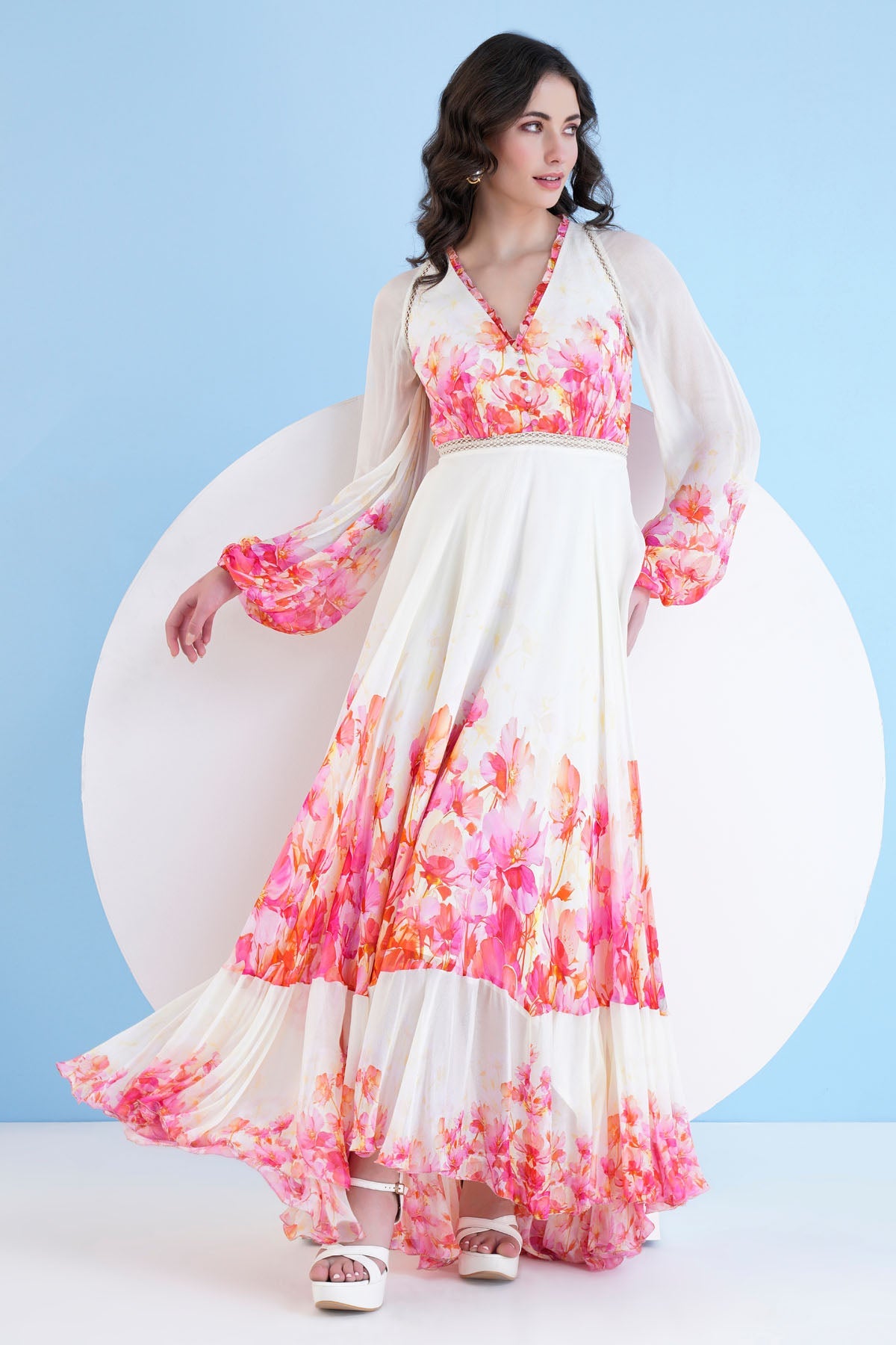 Buy Printed V-Neck Long Red Dress by Mandira Wirk