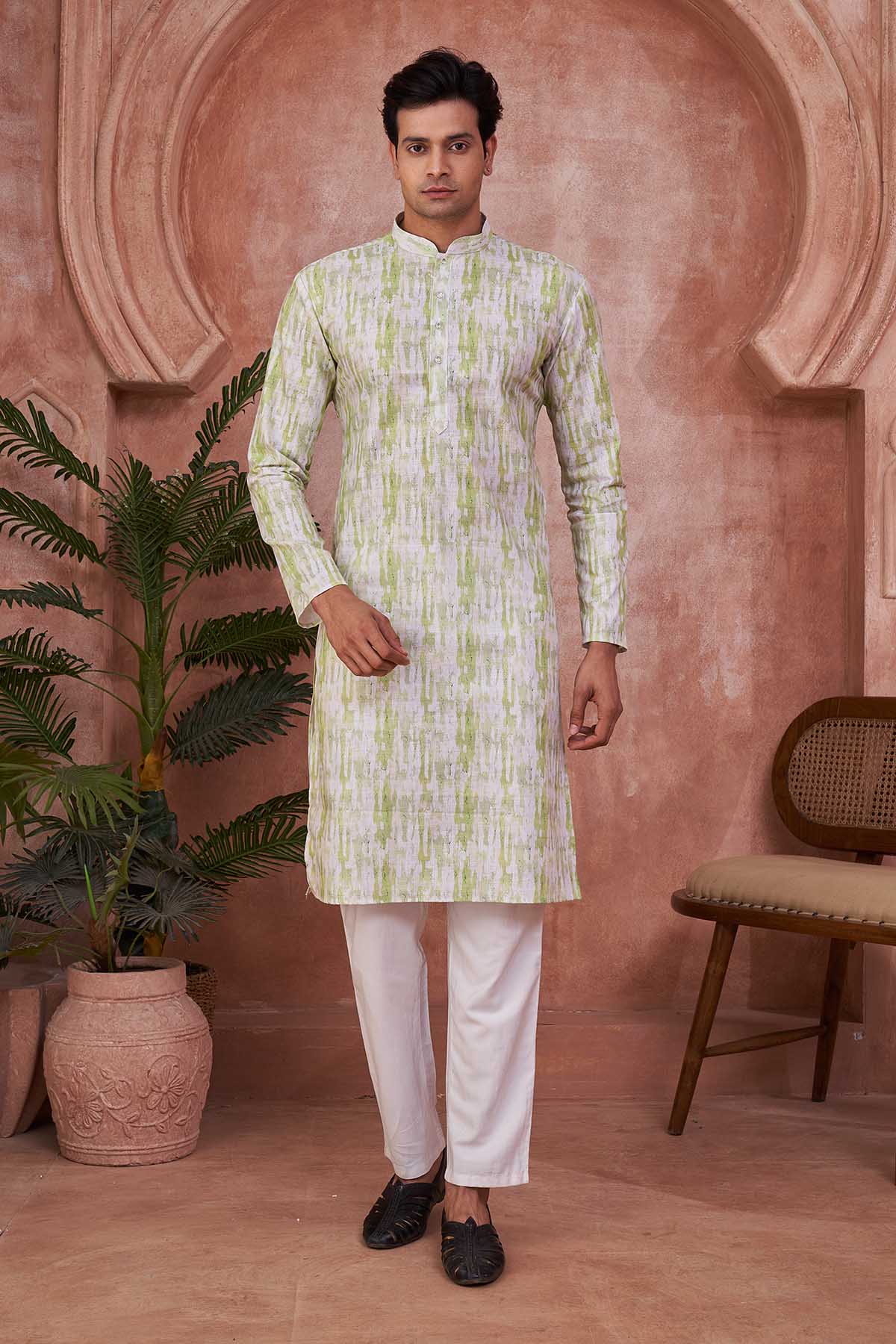 Buy Printed White Green Cotton Kurta by SNEHA B - Men for online at ScrollnShops