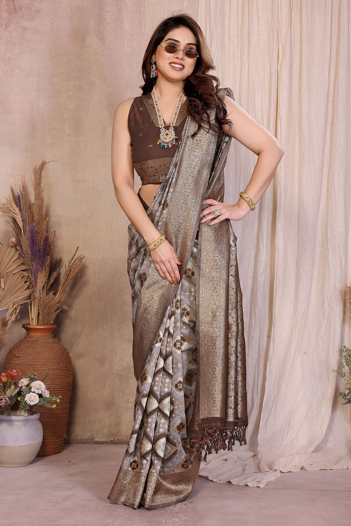Pure Cotton Brown Weave Saree