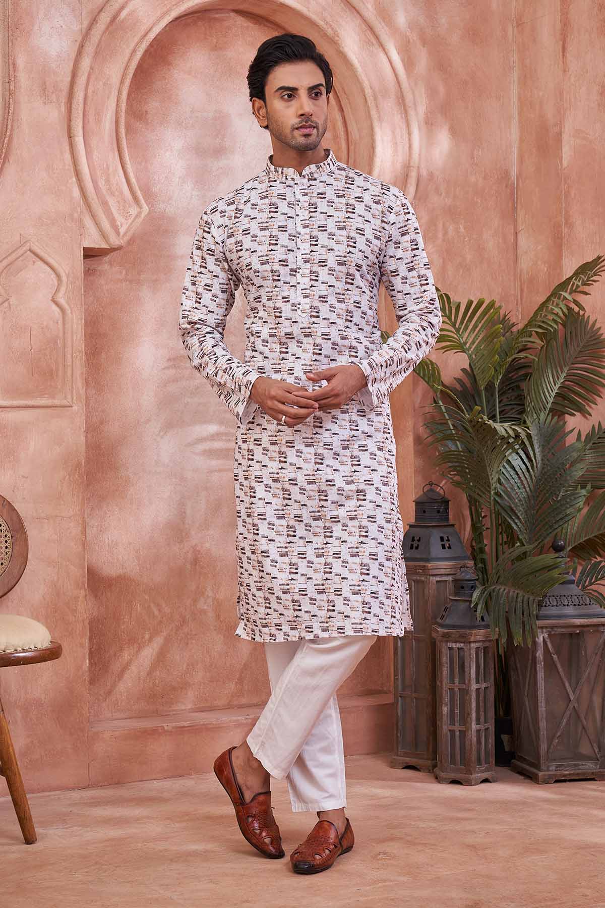 Buy Pure Cotton Printed White Kurta by SNEHA B - Men for online at ScrollnShops