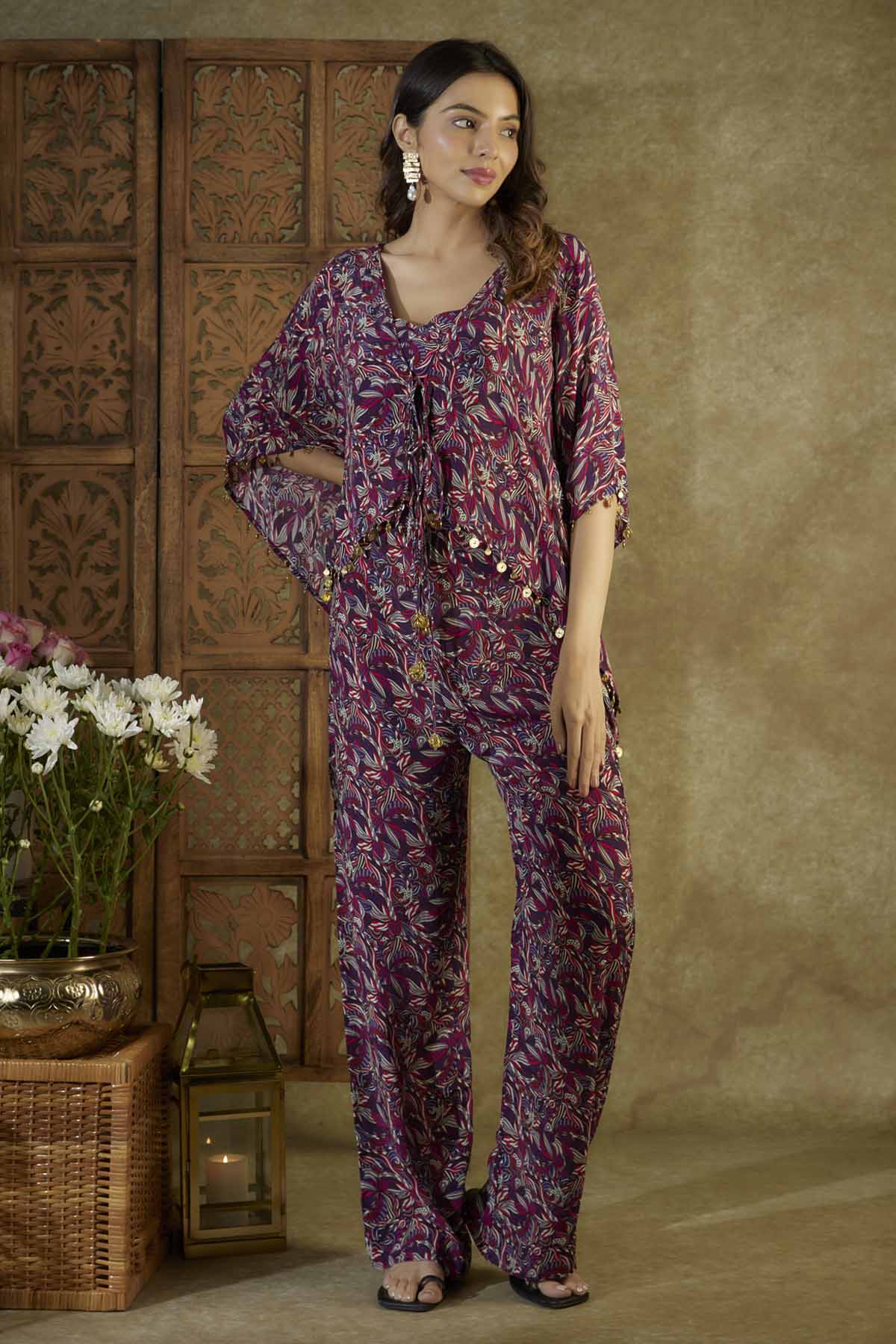 Purple Coins Embroidered Kaftan Set