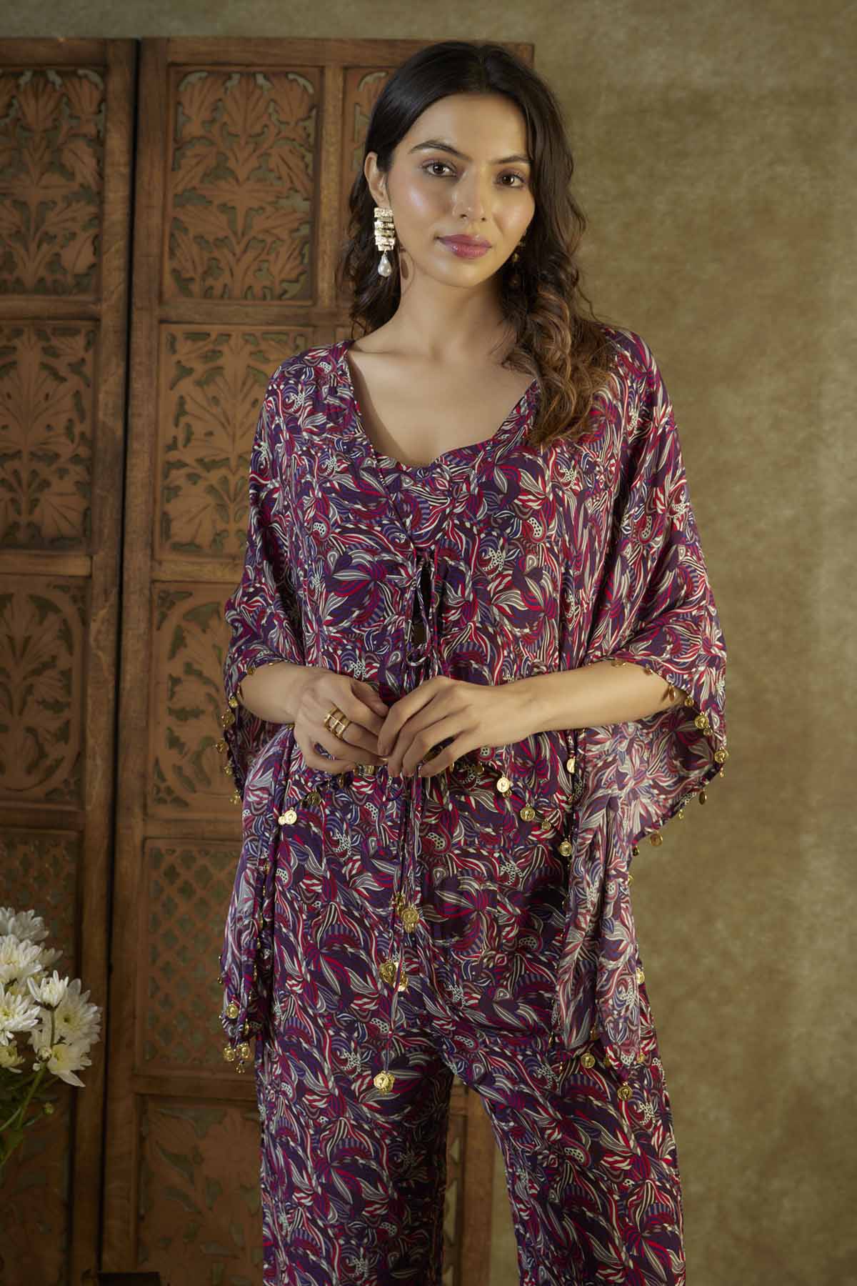 Purple Coins Embroidered Kaftan Set