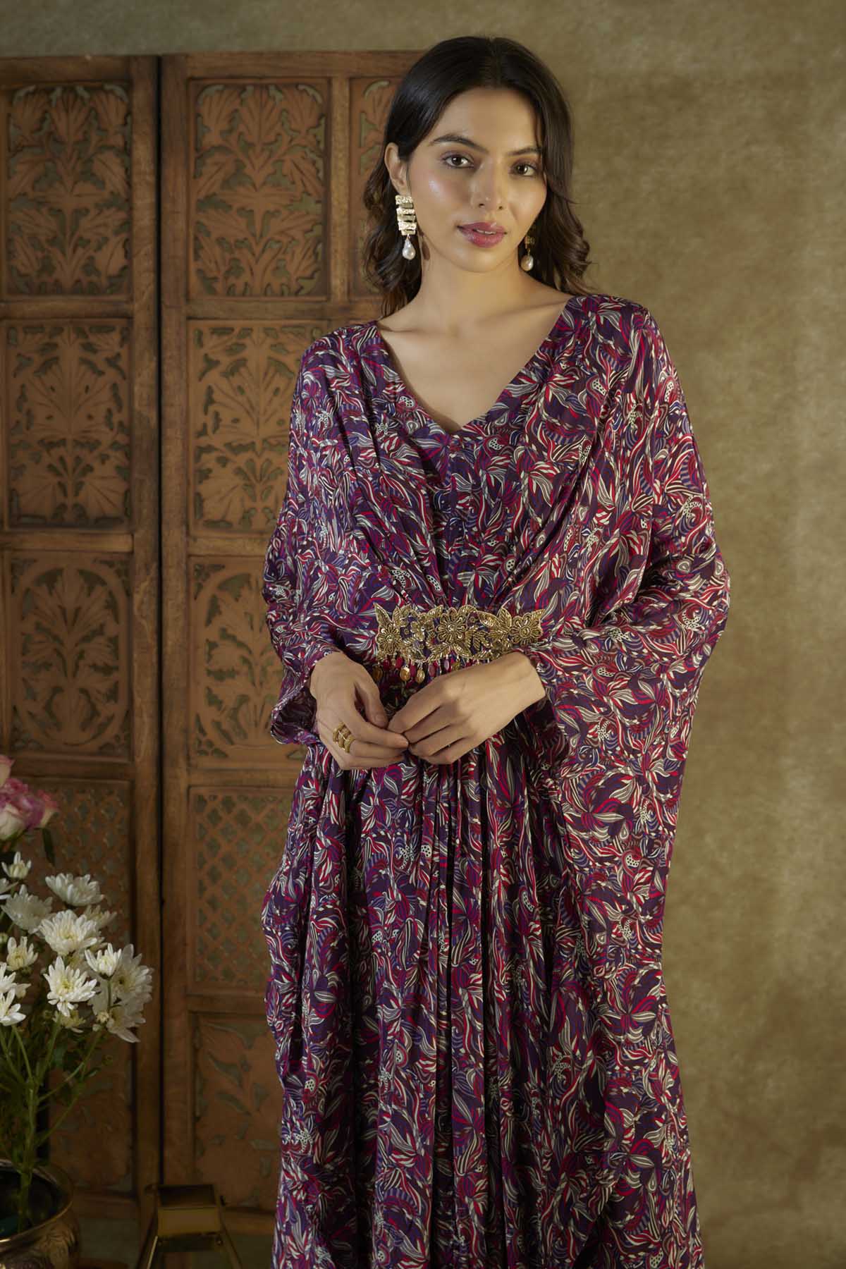 Purple Embroidered Crepe Kaftan