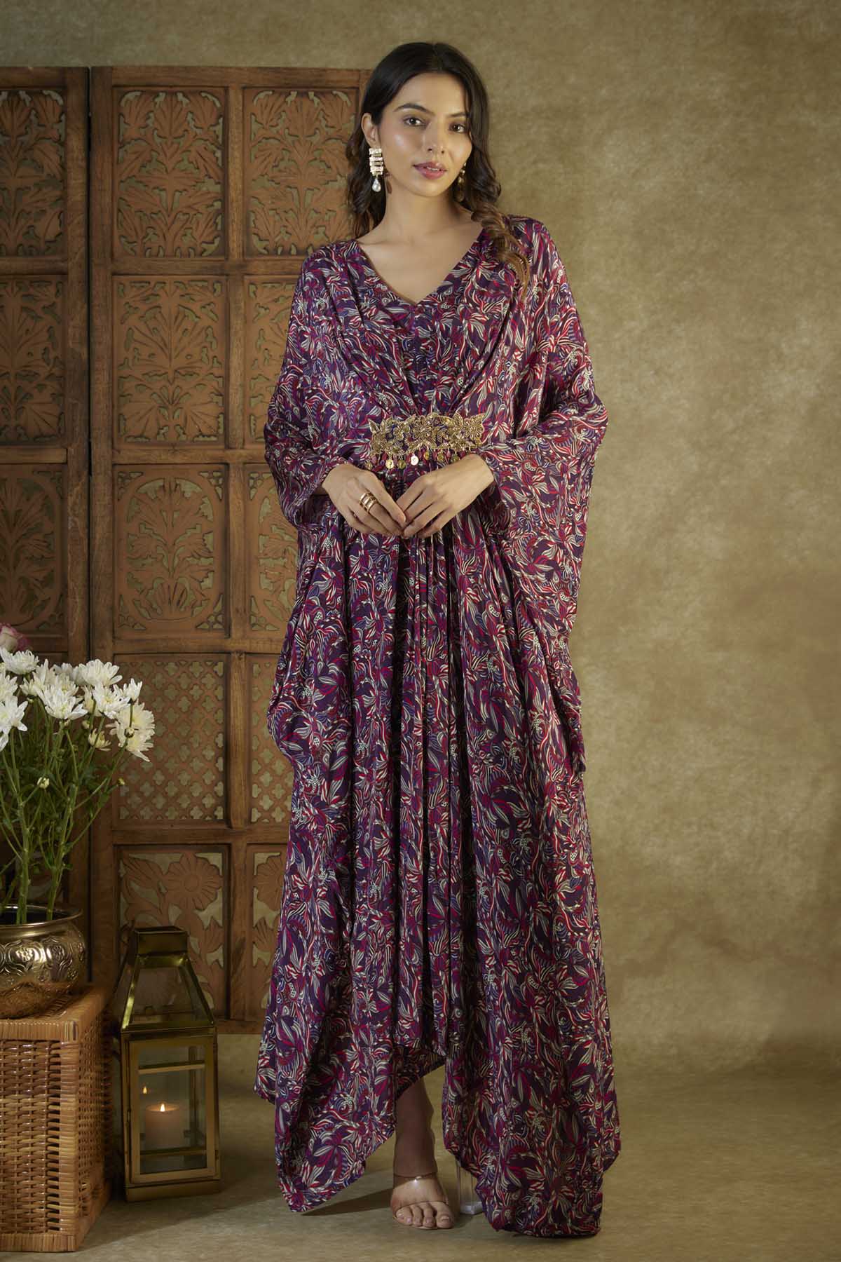 Buy Mehak Murpana Purple Embroidered Crepe Kaftan For Women