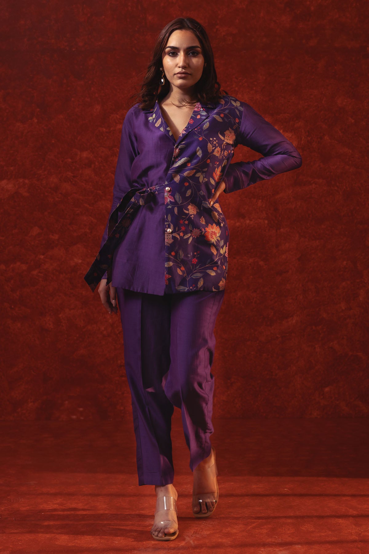 Purple Floral Print Blazer Set