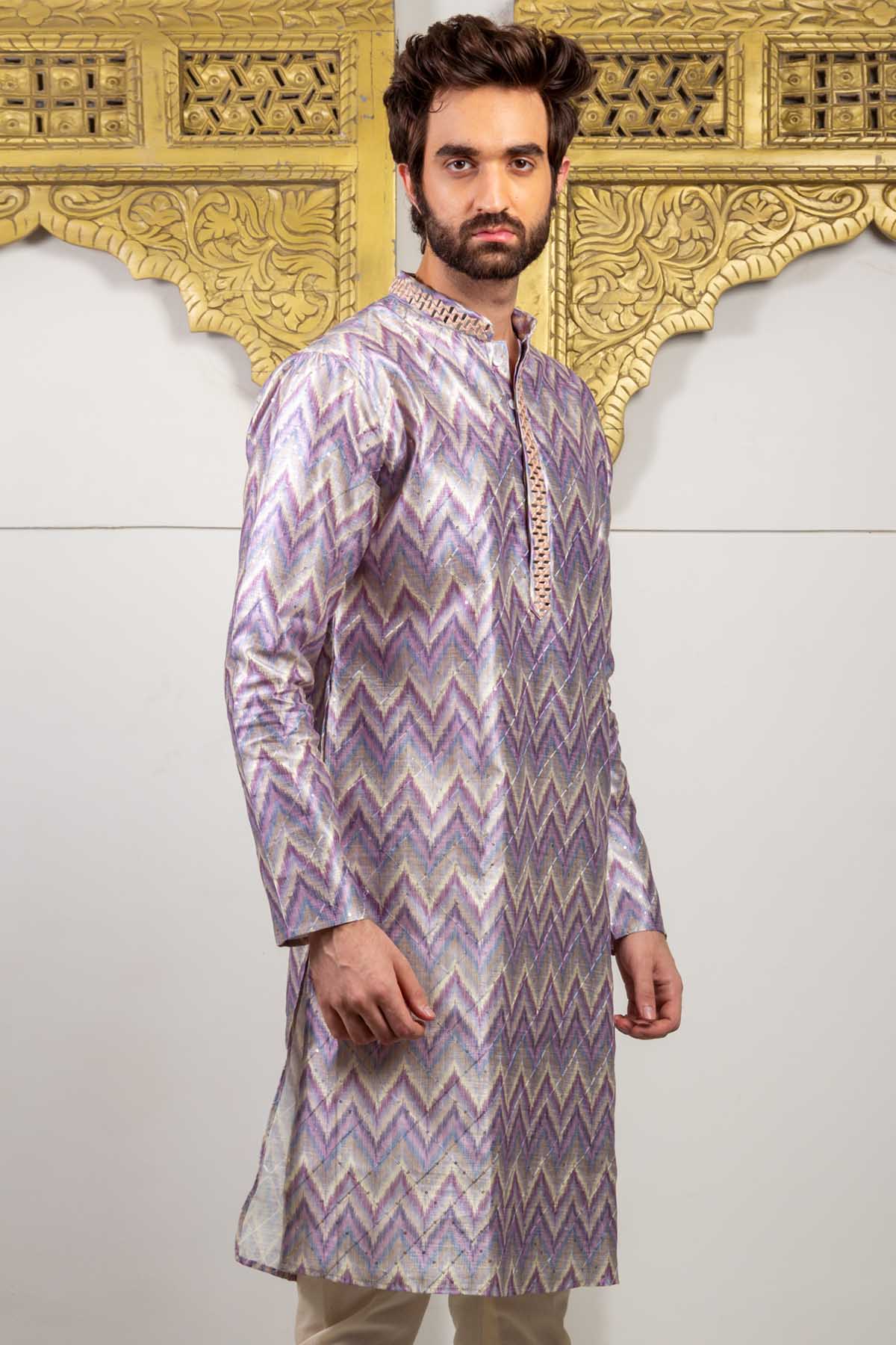 Purple Silk Printed Kurta