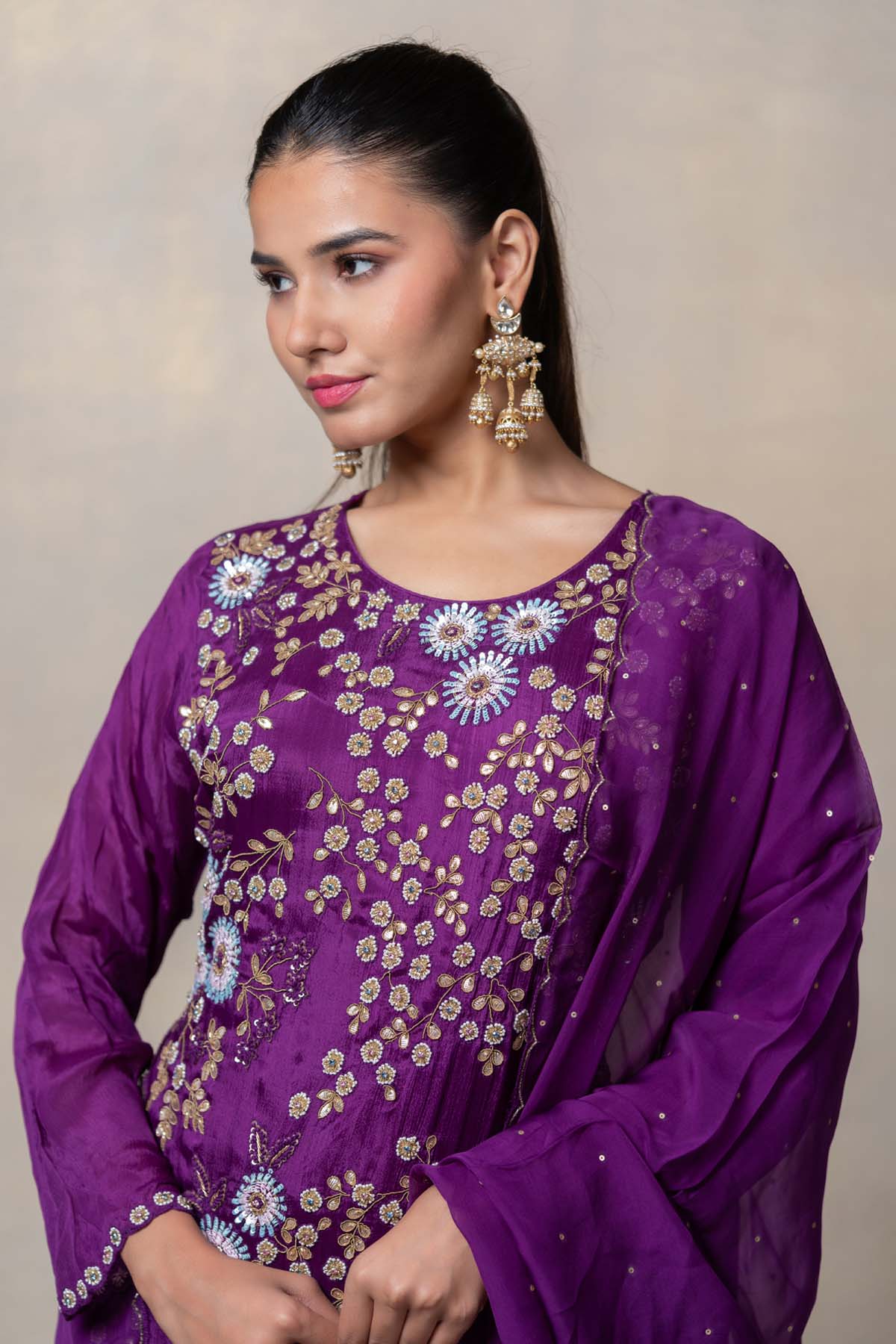 Purple Silk Sequins Kurta Set